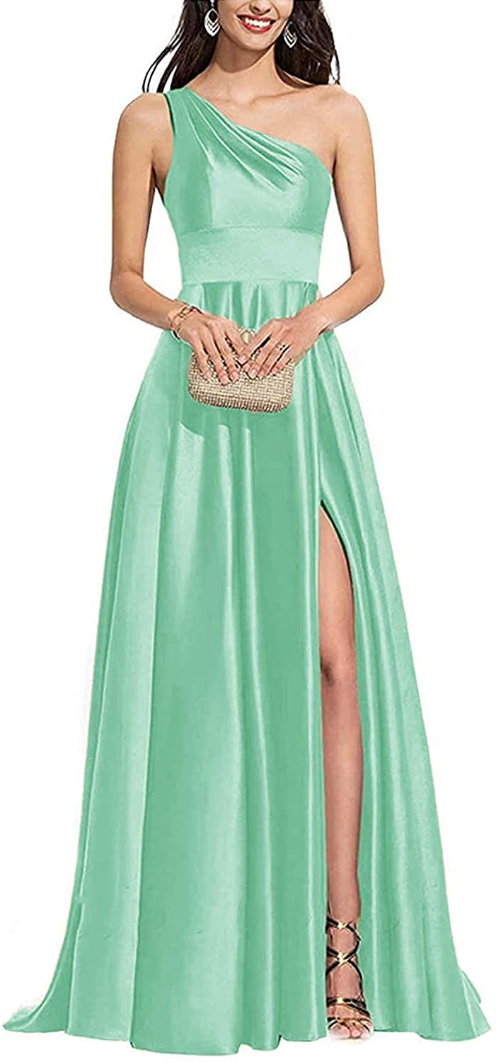 Elegant One Shoulder V-Neck Satin Bridesmaid Dress with High Slit - Women's Formal Evening Gown for Weddings, Parties & Special Occasions