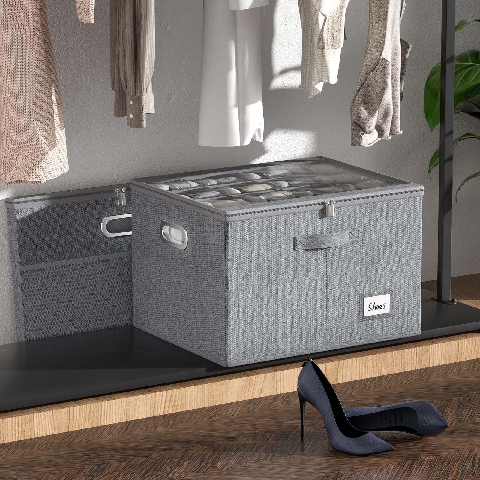 Clear Window Shoe Organizer for Closet - Large Foldable Shoe Storage Box with Adjustable Dividers, Holds 16 Pairs - Perfect for Bedroom, Entryway & Closet Organization (Space Saving Shoe Bin with Bottom Support)