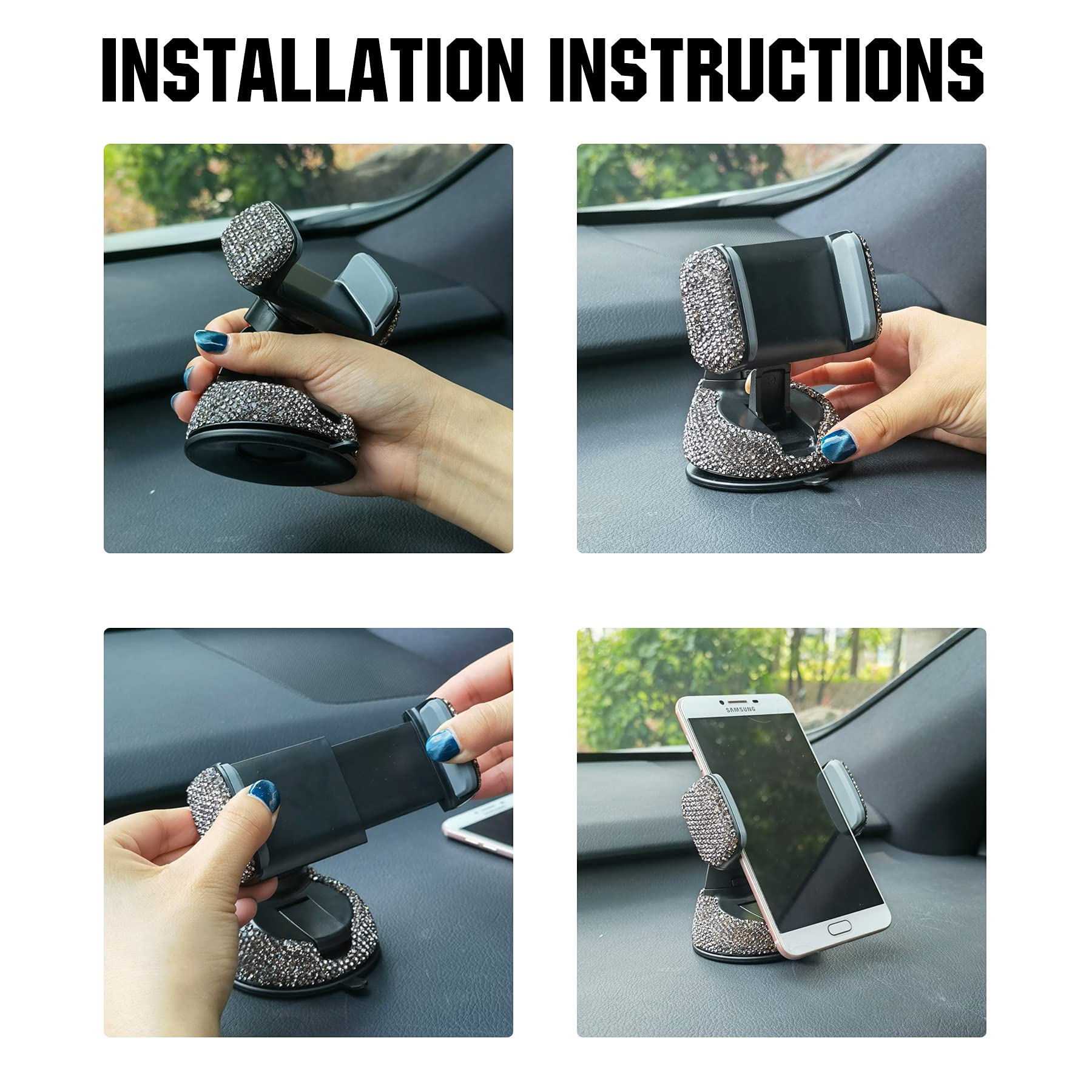 Universal Bling Car Phone Holder - 360° Adjustable Phone Mount with Extra Air Vent Base, Crystal Car Interior Decor for Windshield, Dashboard & Vent (Grey) | Perfect for Commuting, Road Trips & Hands-Free Driving