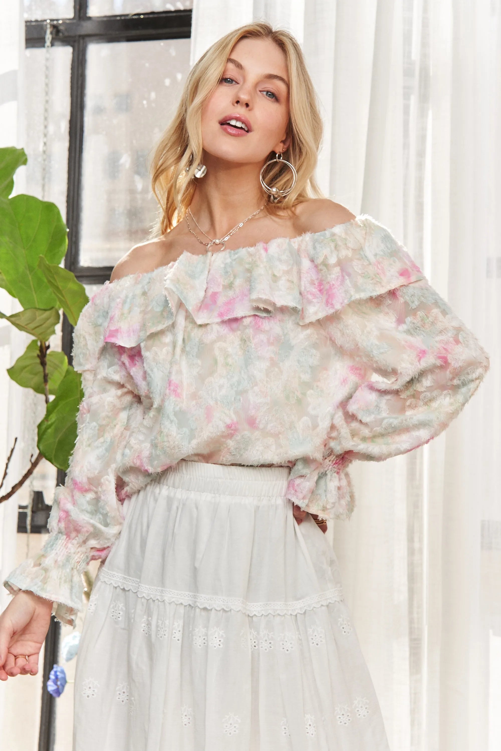 Elegant Ruffled Off Shoulder Floral Blouse for Women - Summer Boho Chic Top - Perfect for Date Night, Beach Vacation & Outdoor Parties