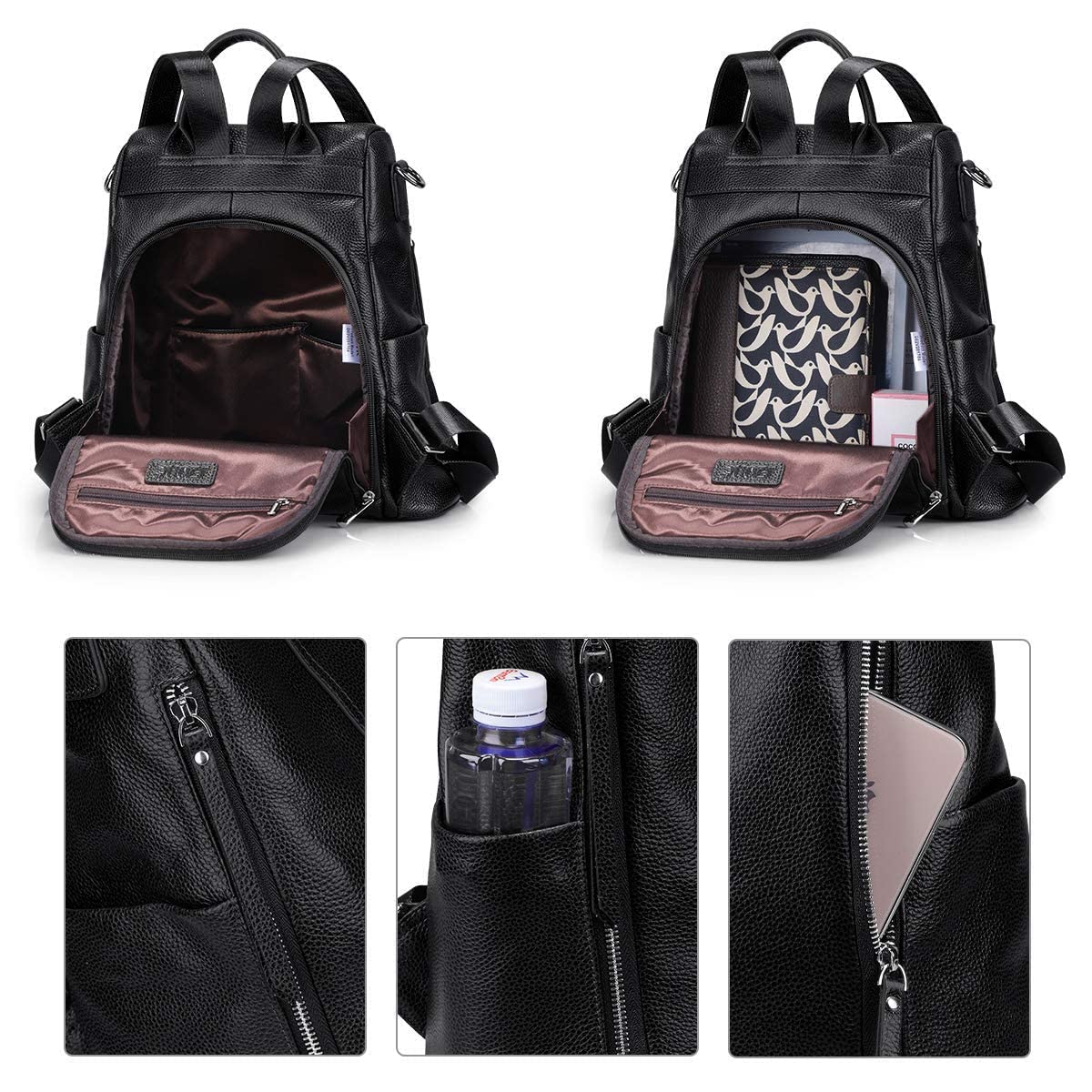 S-ZONE Anti-Theft Leather Backpack Purse for Women - Stylish Rucksack Shoulder Bag with Multiple Pockets - Perfect for Work, Travel & Daily Commute