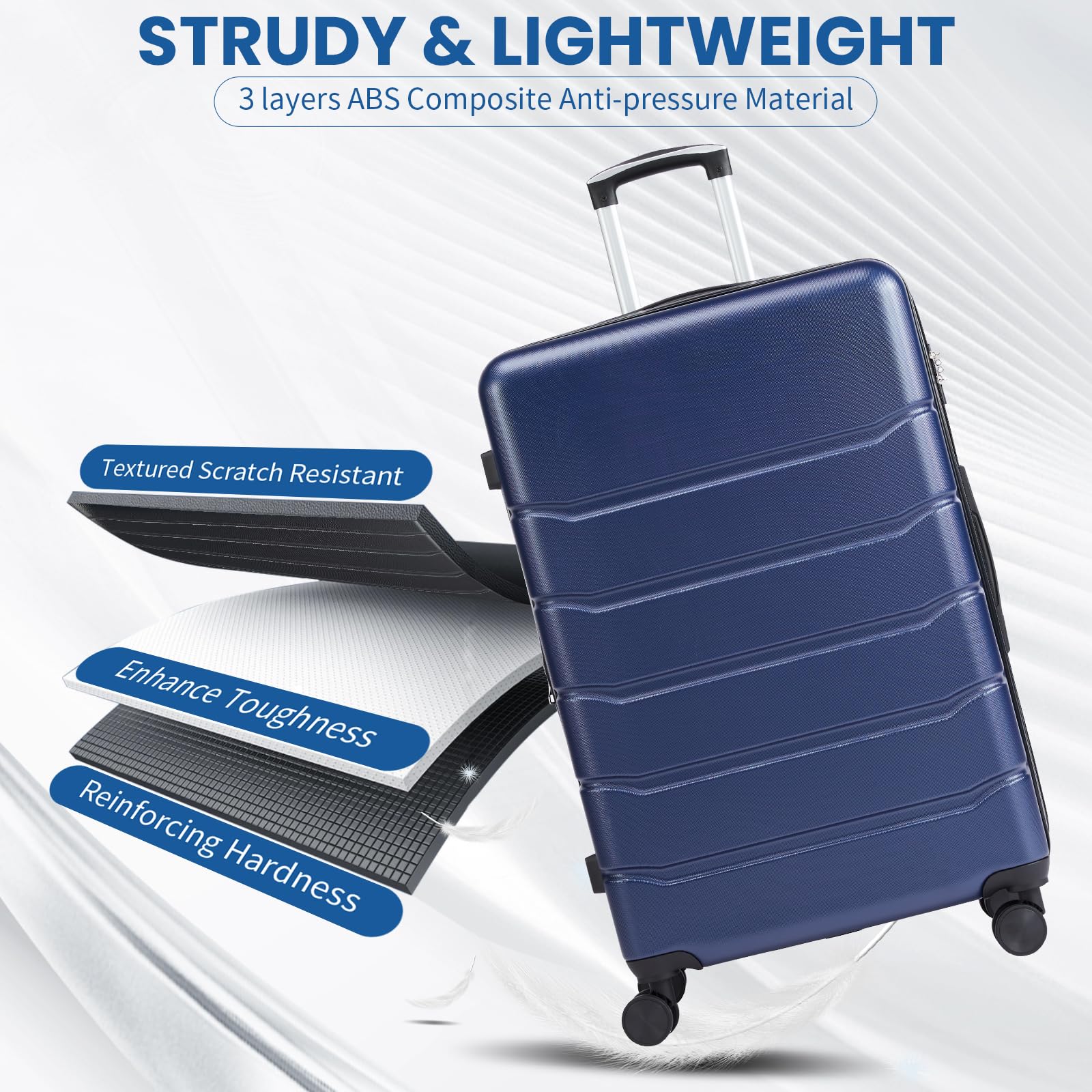 NEWBULIG 28 Inch Expandable Hardside Luggage - Lightweight Spinner Suitcase with TSA Lock, Telescopic Handle & Durable ABS Material - Checked Dark Blue Luggage for Travel, Business Trips & Vacations