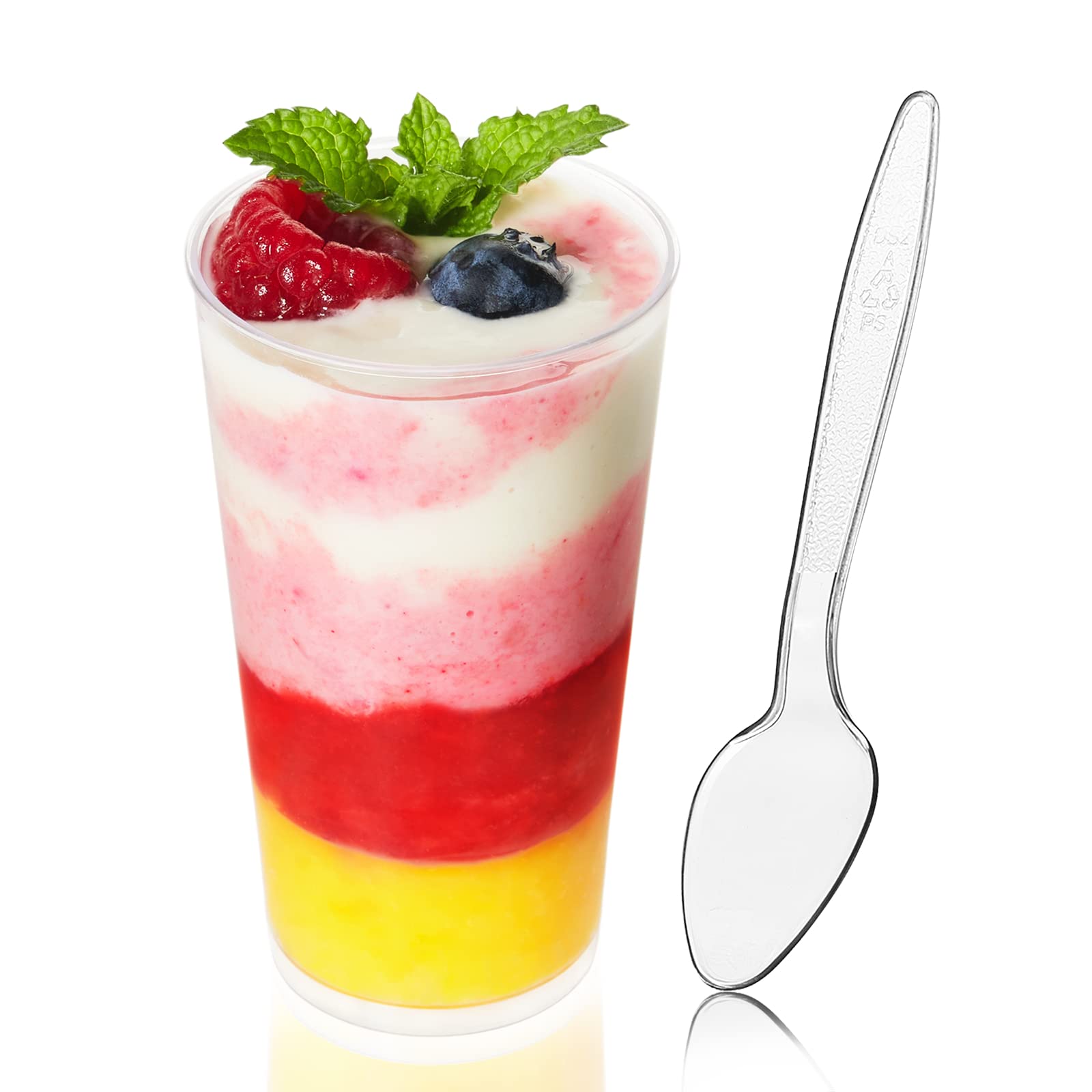 50 Pack 3 oz Clear Plastic Dessert Cups with Spoons - Mini Shooter Cups for Cheesecake, Pudding, Mousse, Appetizers - Perfect for Parties, Catering & Home Baking