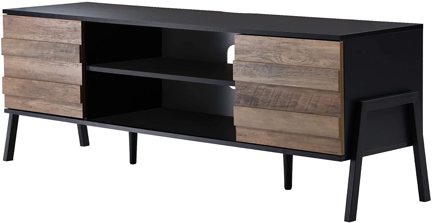WAMPAT 60 Inch Retro TV Stand with Storage Cabinet for 65+ Inch TVs - Mid Century Modern TV Console Table with Metal Legs & Wood Entertainment Center - Black/Brown - Perfect for Living Room & Bedroom | Home Theater Setup & Media Storage Solution