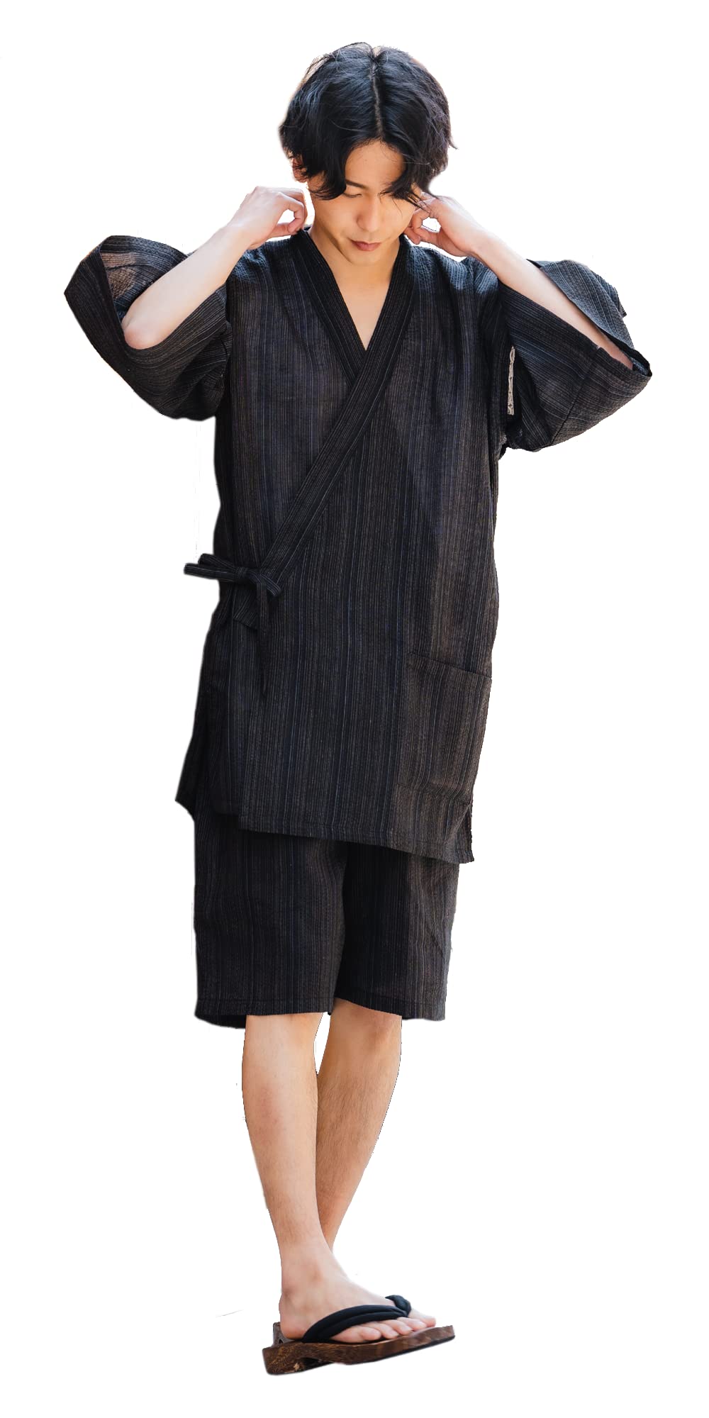 SIJIRAORI Men's Kimono Jimbei - 2XL Black Blue & Yellow Stripe Japanese Loungewear | Breathable Cotton Sleepwear, Casual Summer Outfit for Men | Perfect for Daily Wear, Ninja Cosplay & Halloween Costumes