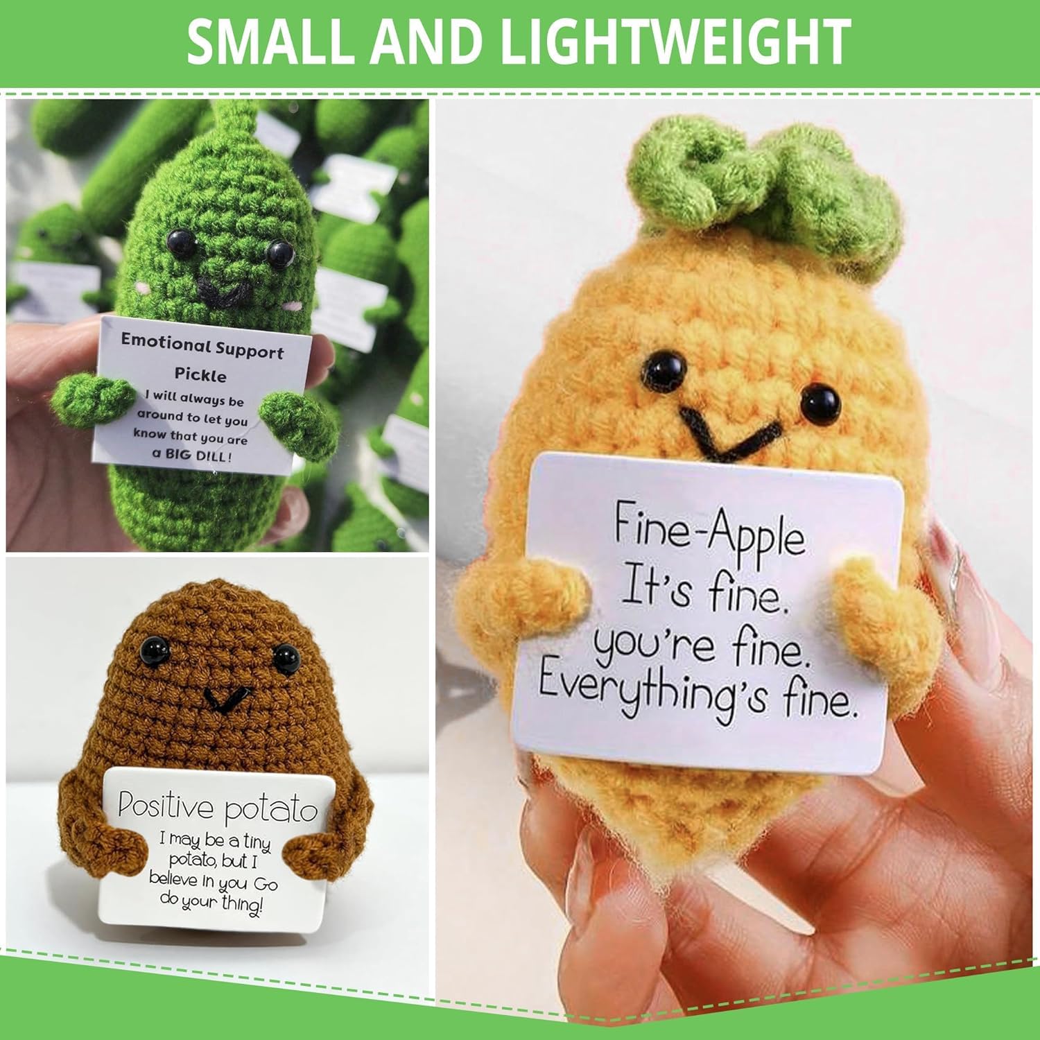 3-Pack Emotional Support Pickle & Potato Plush Toys with Positive Affirmation Cards - Cute Crochet Pineapple Doll Set, Unique Birthday Gifts for Women & Men, Fun Office Decor for Stress Relief & Home Decoration