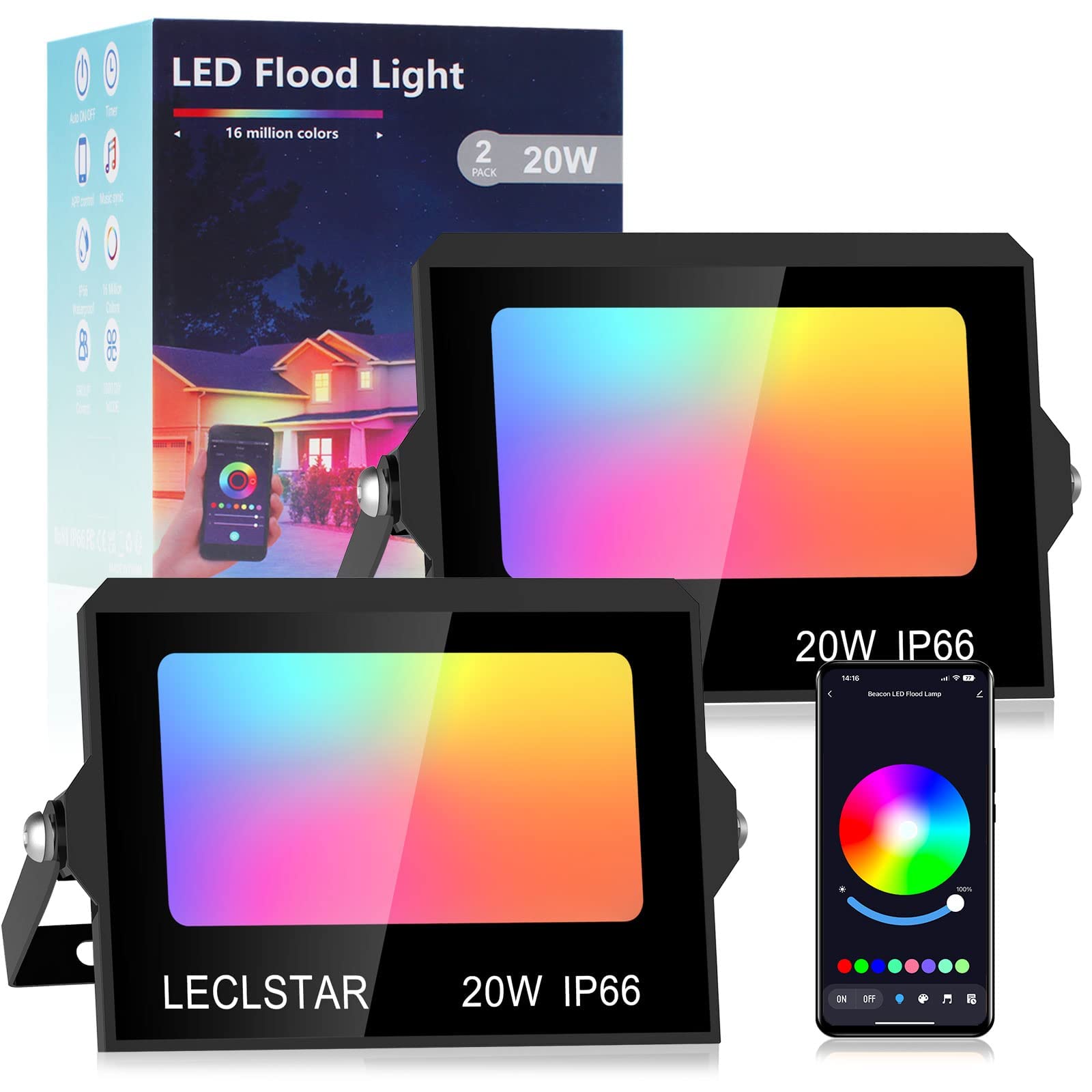 LECLSTAR Outdoor RGBW Flood Lights - 16 Million Color Changing Bluetooth Landscape Lighting with Timer, IP66 Waterproof, App Control for Garden, Yard, Wall, Patio | Perfect for Holiday Decorations & Backyard Parties