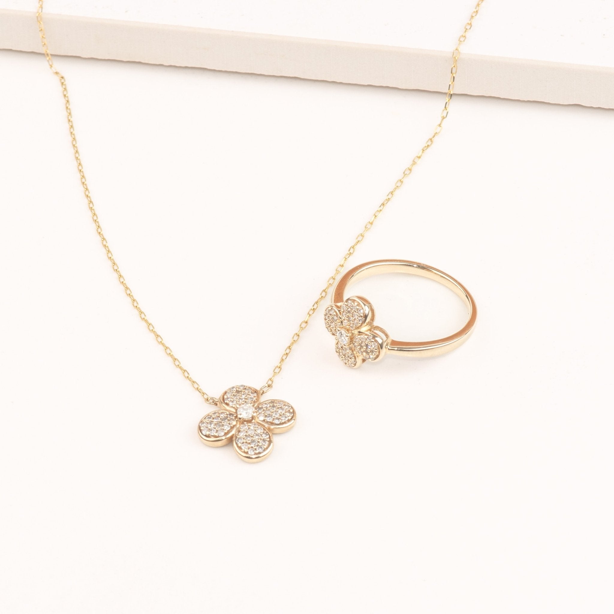 10k Yellow Gold Four Petal Flower Diamond Cocktail Ring - Elegant Dainty Floral Jewelry for Women, Perfect for Parties, Weddings & Special Occasions