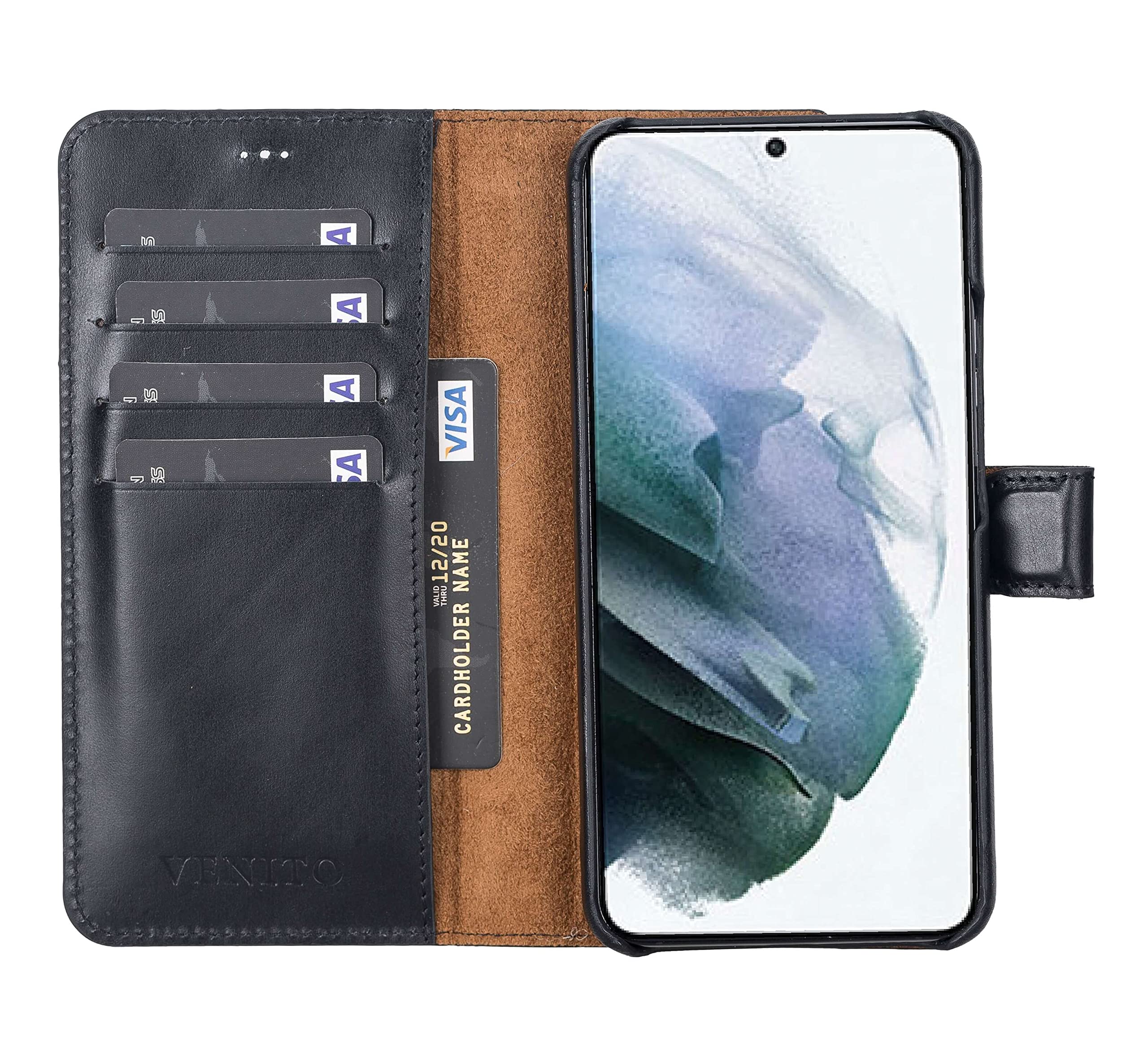 Venito Florence Genuine Leather Wallet Phone Case for Samsung Galaxy S22 Plus - RFID Blocking Protection - Detachable Card Holder - Perfect for Travel, Work & Everyday Use (Rustic Black)