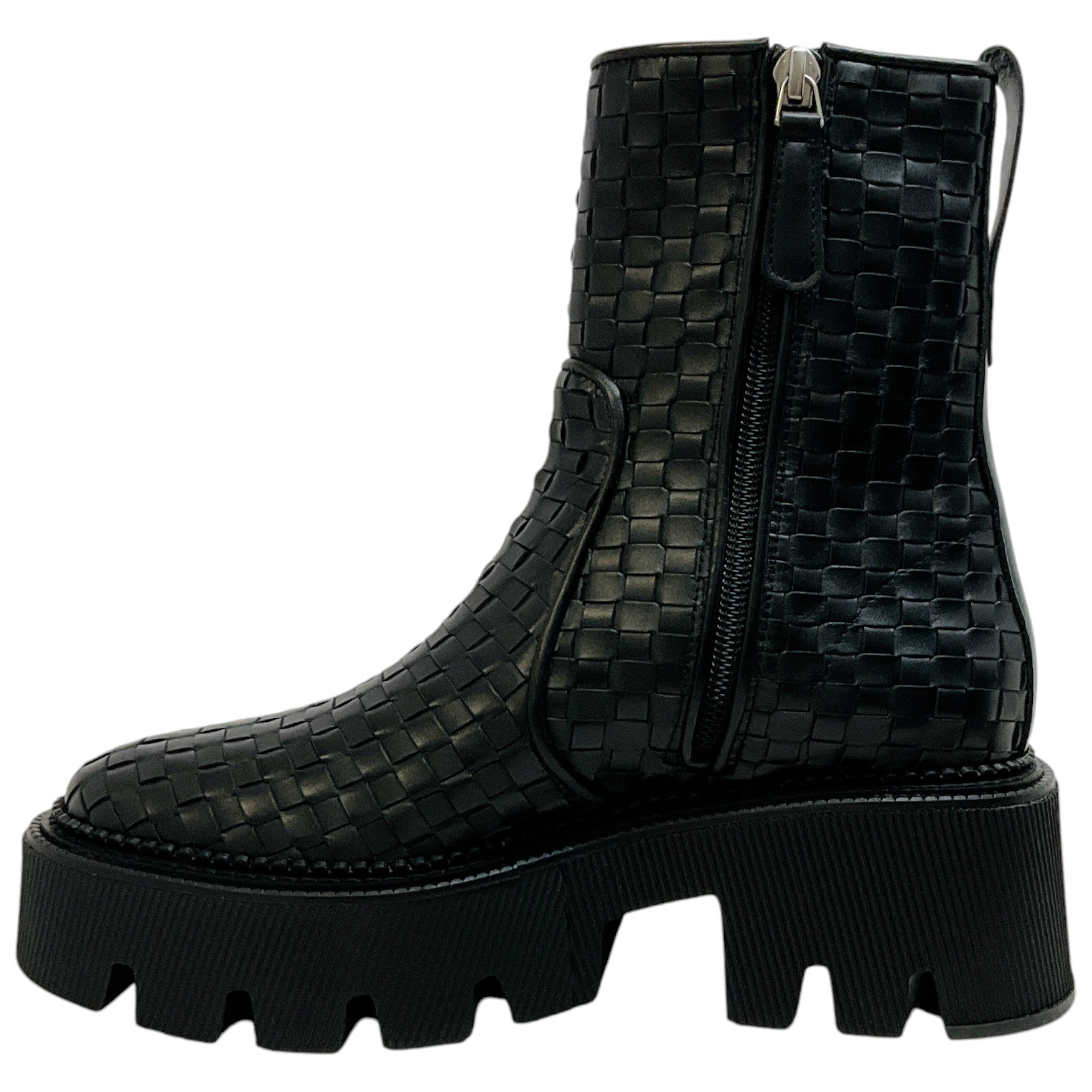 Freda Salvador Black Woven Leather Darla Lug Sole Boots - Women's Chunky Heel Ankle Booties for Fall & Winter | Perfect for Casual Outfits, Date Nights & Office Wear
