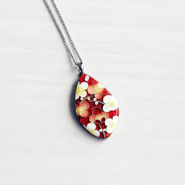 Yusen Shippo Japanese Enamel Pendant Necklace - Red Blossomed Plum Floral Design, Traditional Handcrafted Jewelry for Women, Perfect Gift for Birthday, Anniversary & Special Occasions