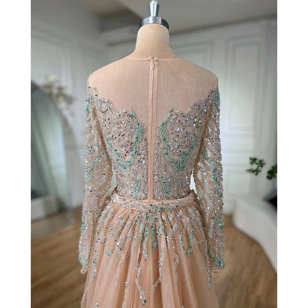Elegant Muslim Mermaid Evening Gown with Beaded Overskirt & High Slit - Long Formal Dress for Women - Wedding, Prom, Gala & Special Occasions - Serene Hill Collection LA71995