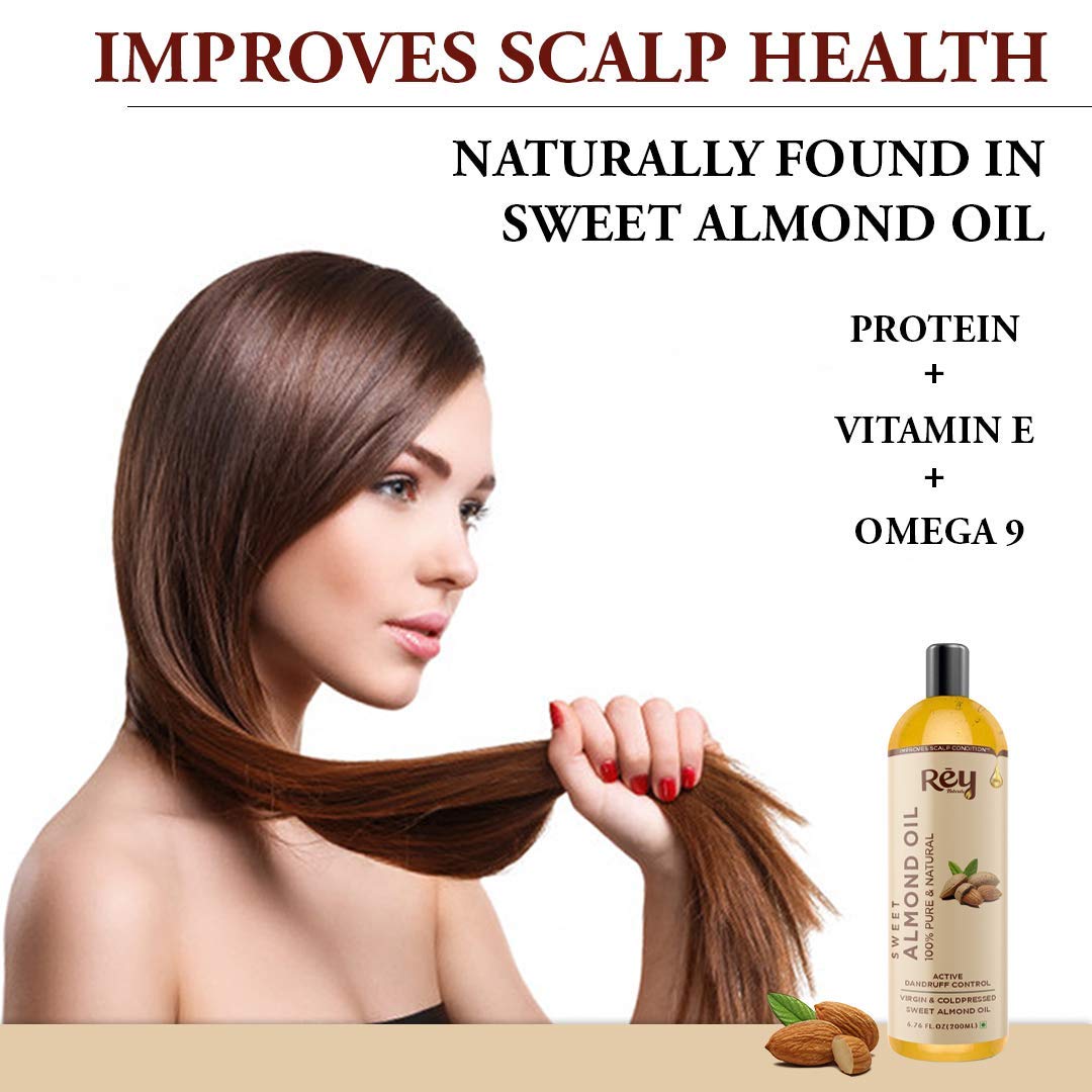 Rey Naturals Sweet Almond Oil & Coconut Oil for Hydrated Hair & Dandruff Free Scalp - 200ml x 2 | Cold Pressed Hair Oil for Scalp Nourishment & Shiny Hair | Natural Hair Treatment for Men & Women | Perfect for Daily Hair Care & Scalp Massage