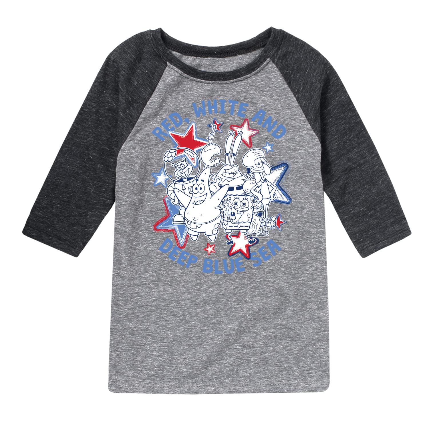 Spongebob Squarepants Red White & Deep Blue Sea Raglan Graphic T-Shirt for Toddler & Youth | Hybrid Apparel | Fun Cartoon Character Tee for Kids Playdates, Birthday Parties & Casual Wear