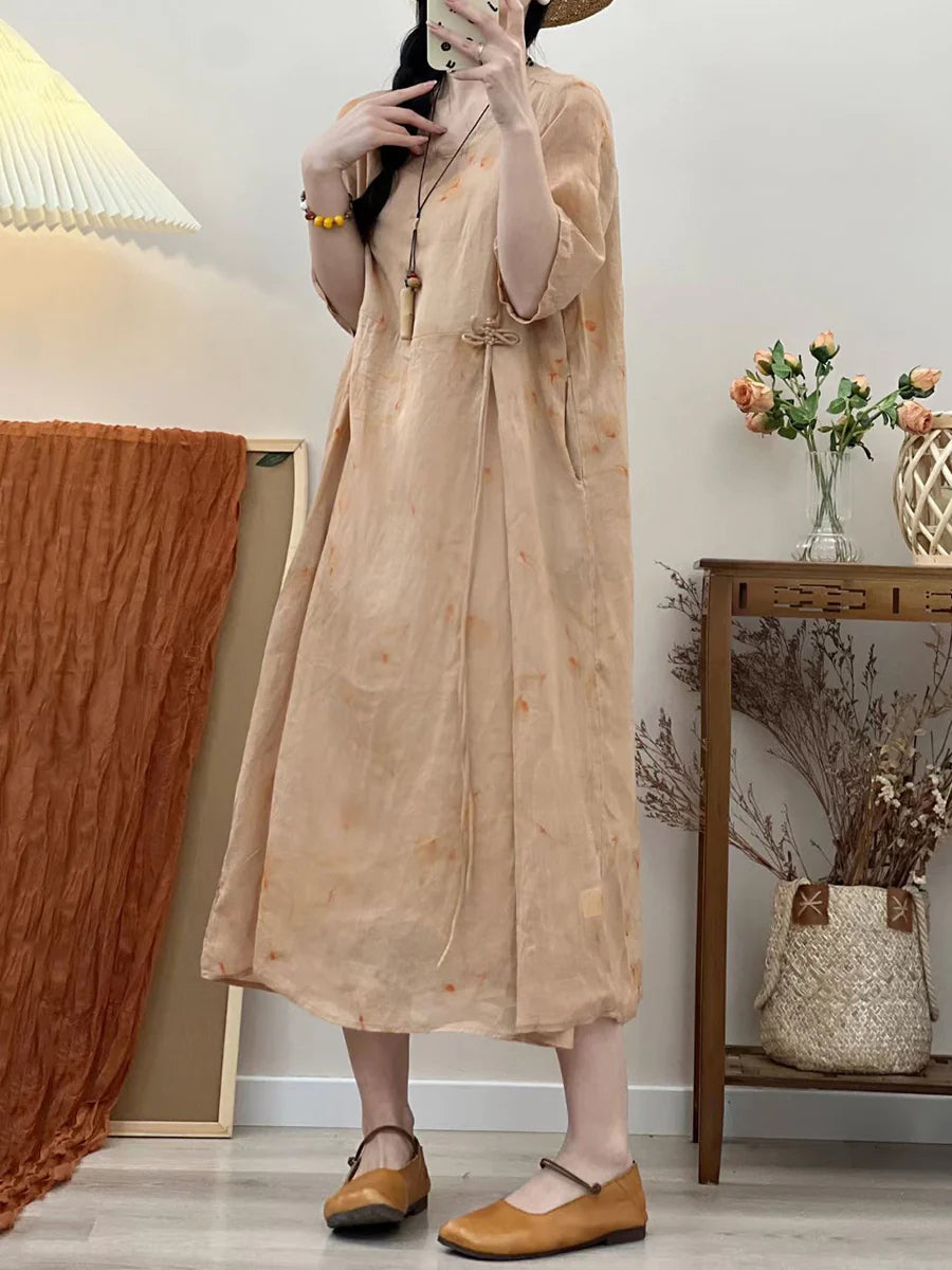Plus Size Summer Floral Print Loose Fit Ramie Dress for Women - Comfortable Vacation & Beach Wear for Travel