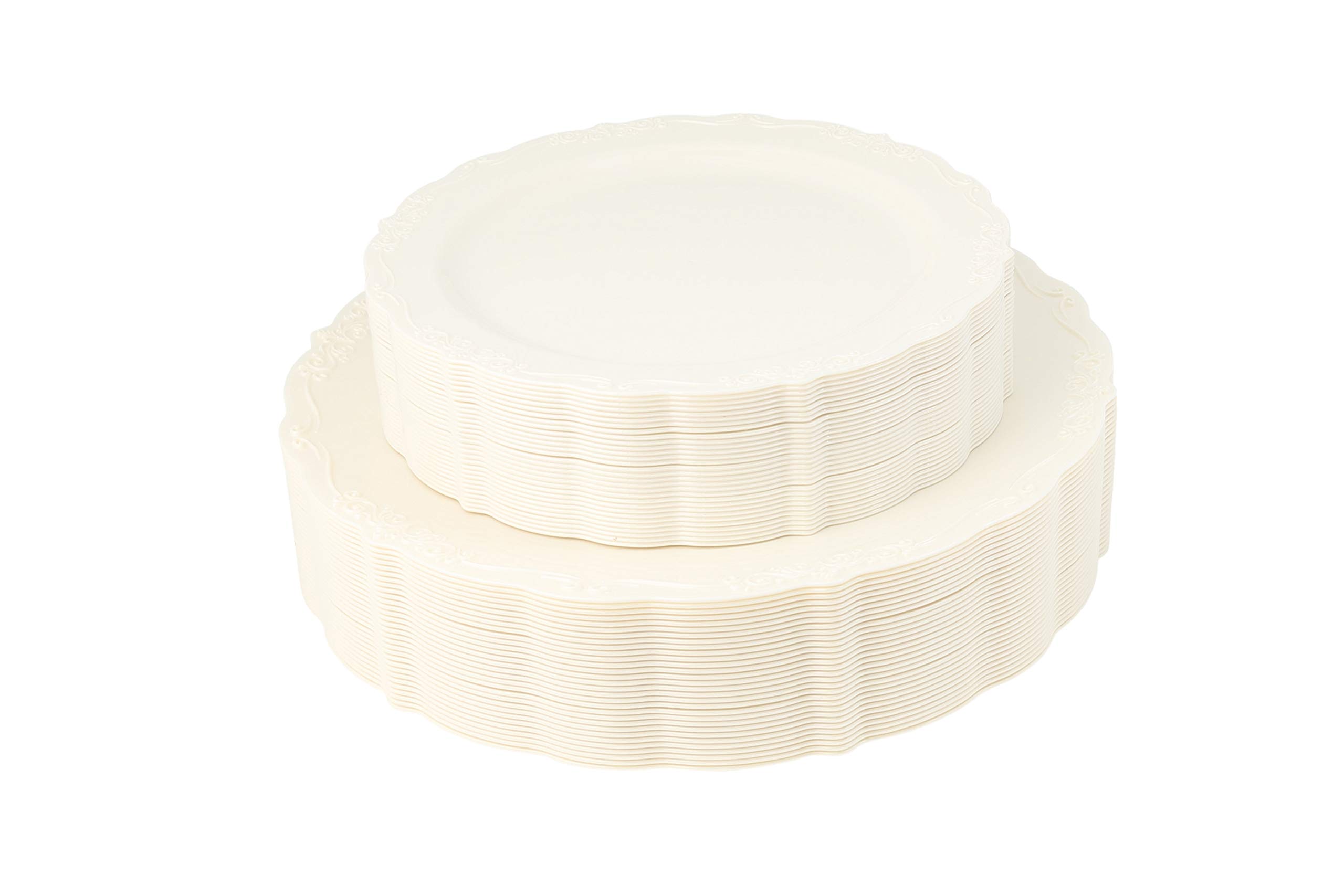 Elegant Disposable Plastic Plates Set - 60-Pack Ivory Vintage Dinnerware (30 Dinner Plates 10.25