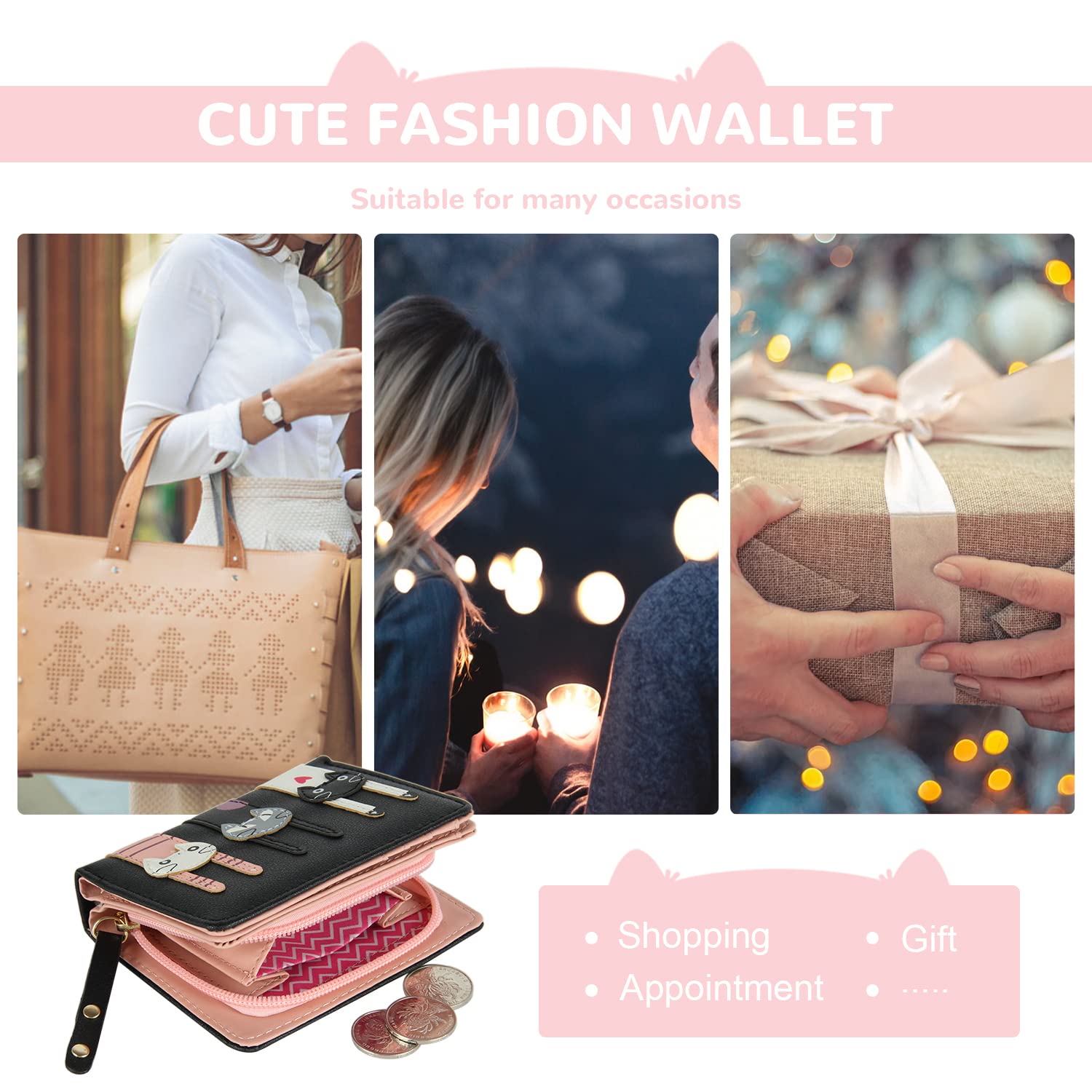 EVEOUT Women's Wallet PU Leather Bifold Purse with Coin Pocket & Card Slots - Stylish Compact Wallet for Everyday Use, Travel, and Gift Giving (Black)