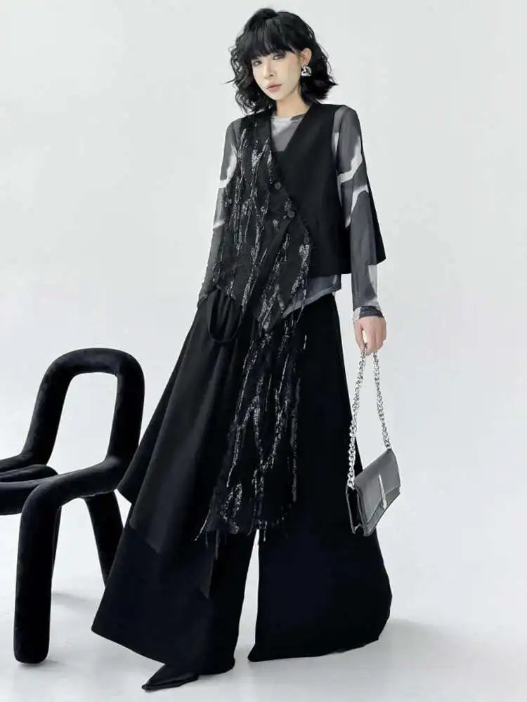 2025 Trendy Women's Big Size Irregular Vest & Sequins Wide Leg Pants Two-Piece Suit - V Neck Sleeveless Outfit for Spring/Autumn Fashion | Perfect for Parties, Date Nights & Special Occasions