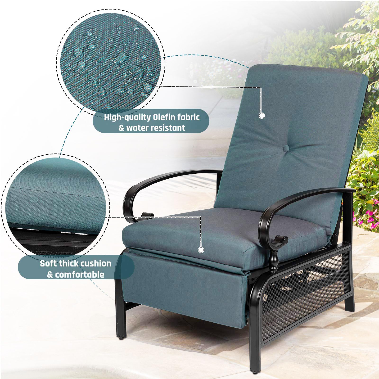 Oakcloud Adjustable Outdoor Lounge Chair - Patio Recliner with Removable Cushions (Peacock Blue) - Perfect for Poolside, Backyard Relaxation & Sunbathing