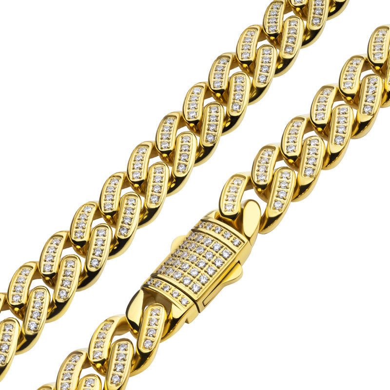 12mm 18K Gold Plated Miami Cuban Link Chain Necklace for Men - CNC Precision Set with AAA Cubic Zirconia Stones, Secure Double Tab Box Clasp - Perfect for Gifts, Weddings, Date Nights & Special Occasions