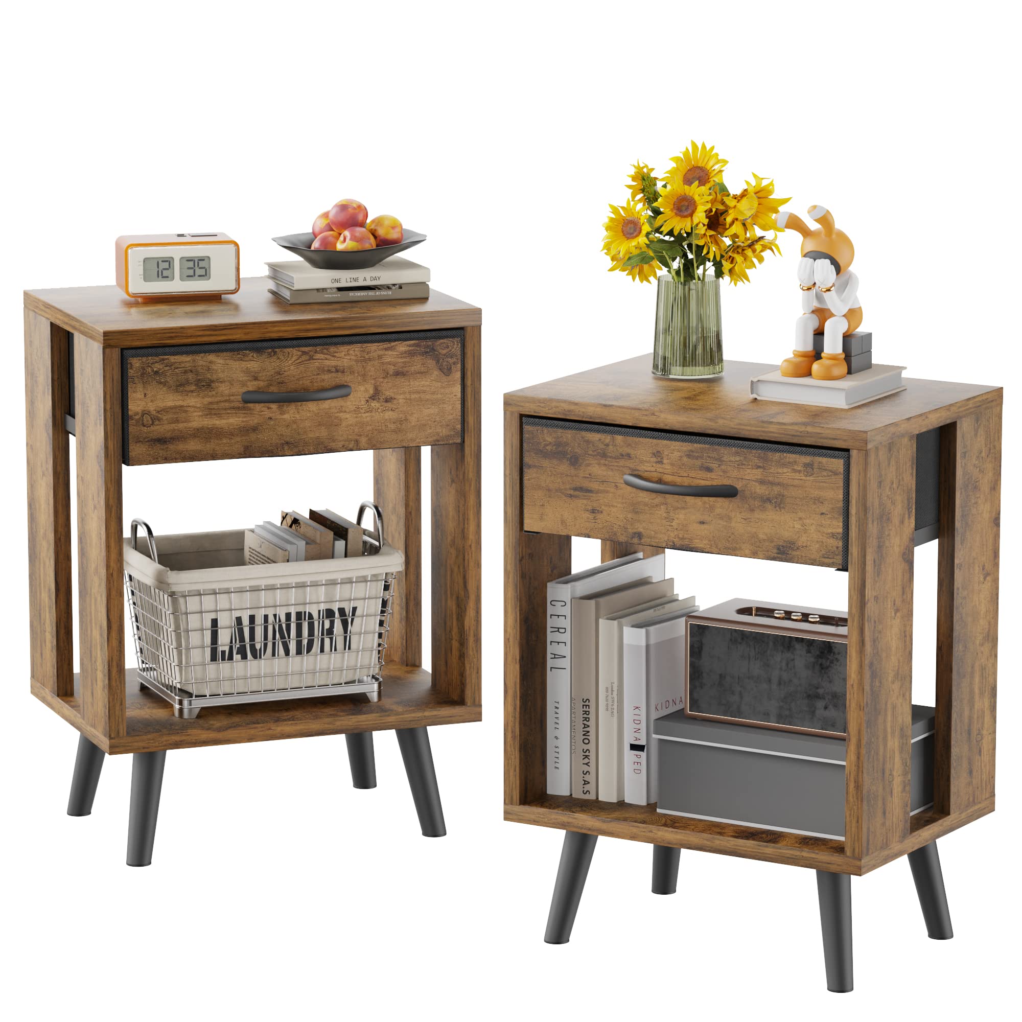 Rustic Nightstand Set of 2 with Fabric Drawers and Open Shelves - Bedside End Tables for Bedroom, Living Room, or Office - Perfect for Storage and Decor