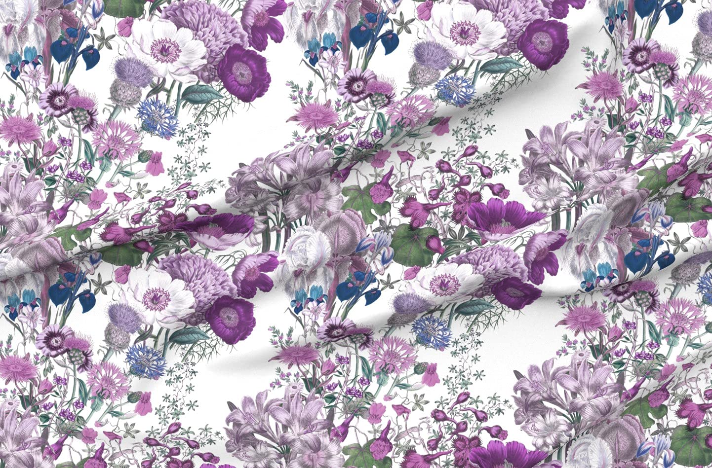 White Lilac Lavender Floral Printed Upholstery Velvet Fabric - Fat Quarter for Home Decor, Apparel & DIY Projects | Spring Botanical Flowers Design on Heavyweight Fabric