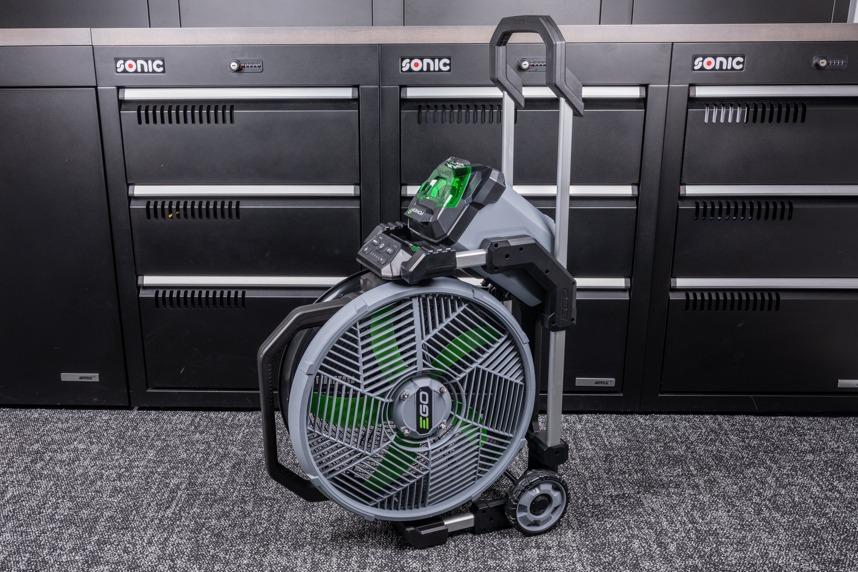 EGO 18-Inch Battery-Powered Misting Fan - Portable Outdoor Cooling Fan for Patio, Backyard, and Camping - High-Velocity Airflow with Adjustable Mist Settings