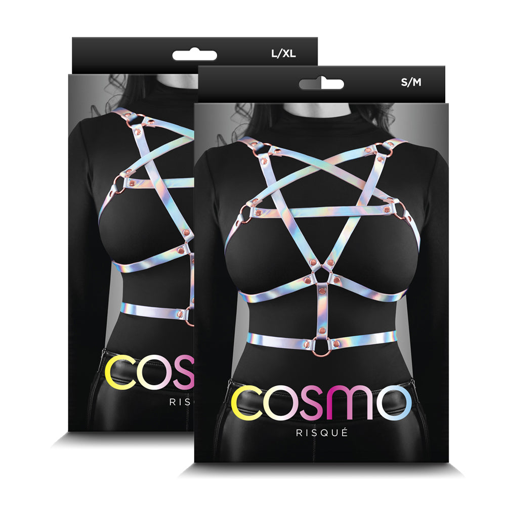 Cosmo Risque Holographic Rainbow Pentagram Chest Harness - Gothic Rave Festival Accessory for Women, BDSM Fetish Wear, LGBTQ+ Pride Outfit, Rave Party Costume
