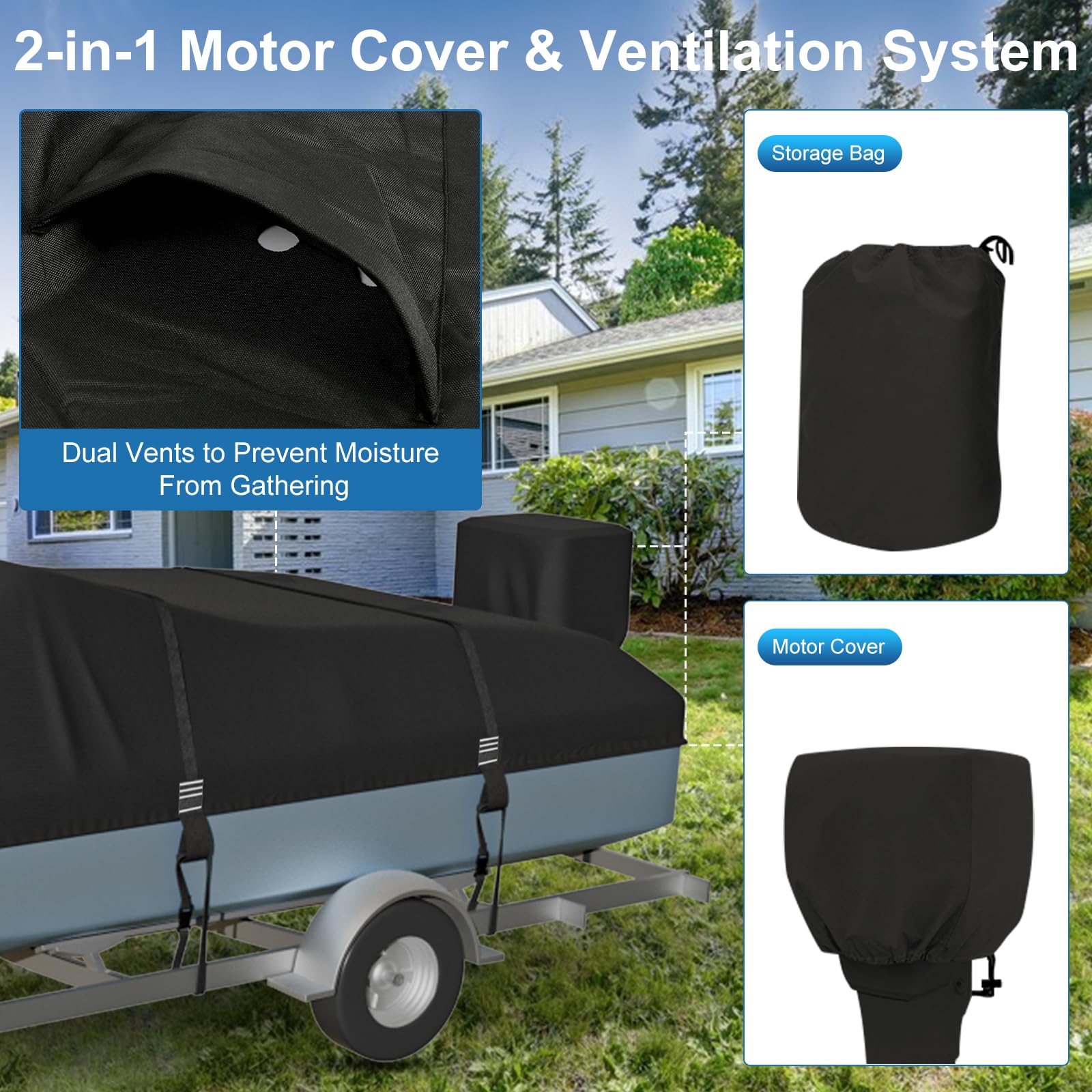 Heavy Duty 1200D Waterproof Boat Cover for 16'-18.5' V-Hull Fishing & Bass Boats - Motor Protection