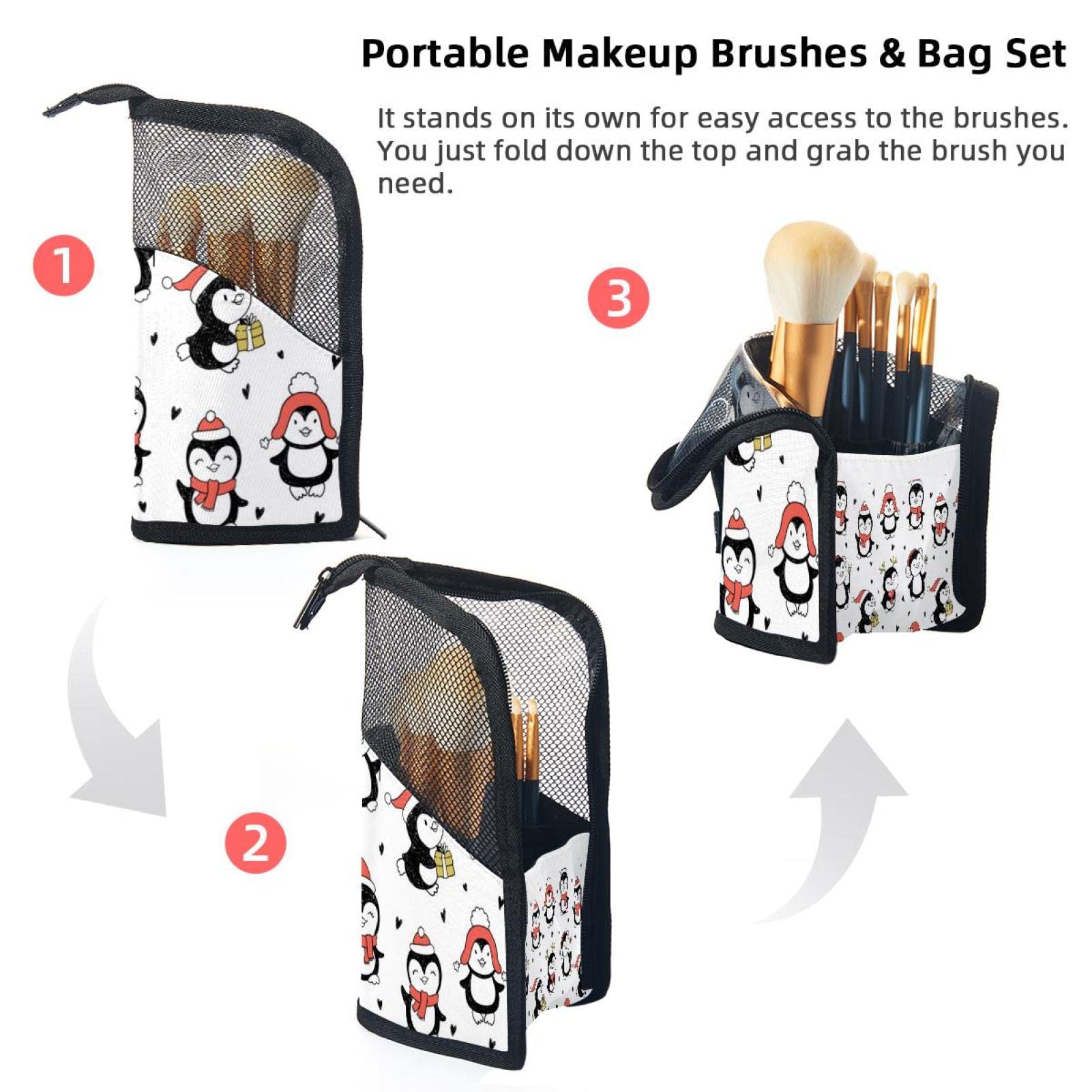 Portable Makeup Brush Organizer Bag with 12 Slots - Cute Penguin Design for Christmas Gift - Travel Cosmetic Brush Holder Case - Perfect for Makeup Artists & Travelers