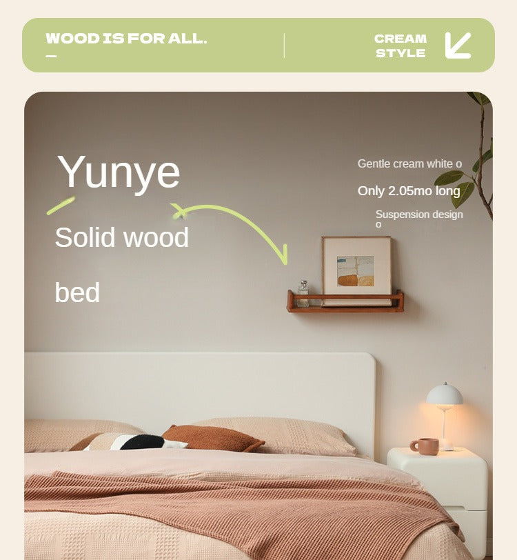 Modern Simple Cream Style Poplar Solid Wood Bed - Queen Size, Sturdy & Elegant for Master Bedroom, Guest Room, or Dormitory