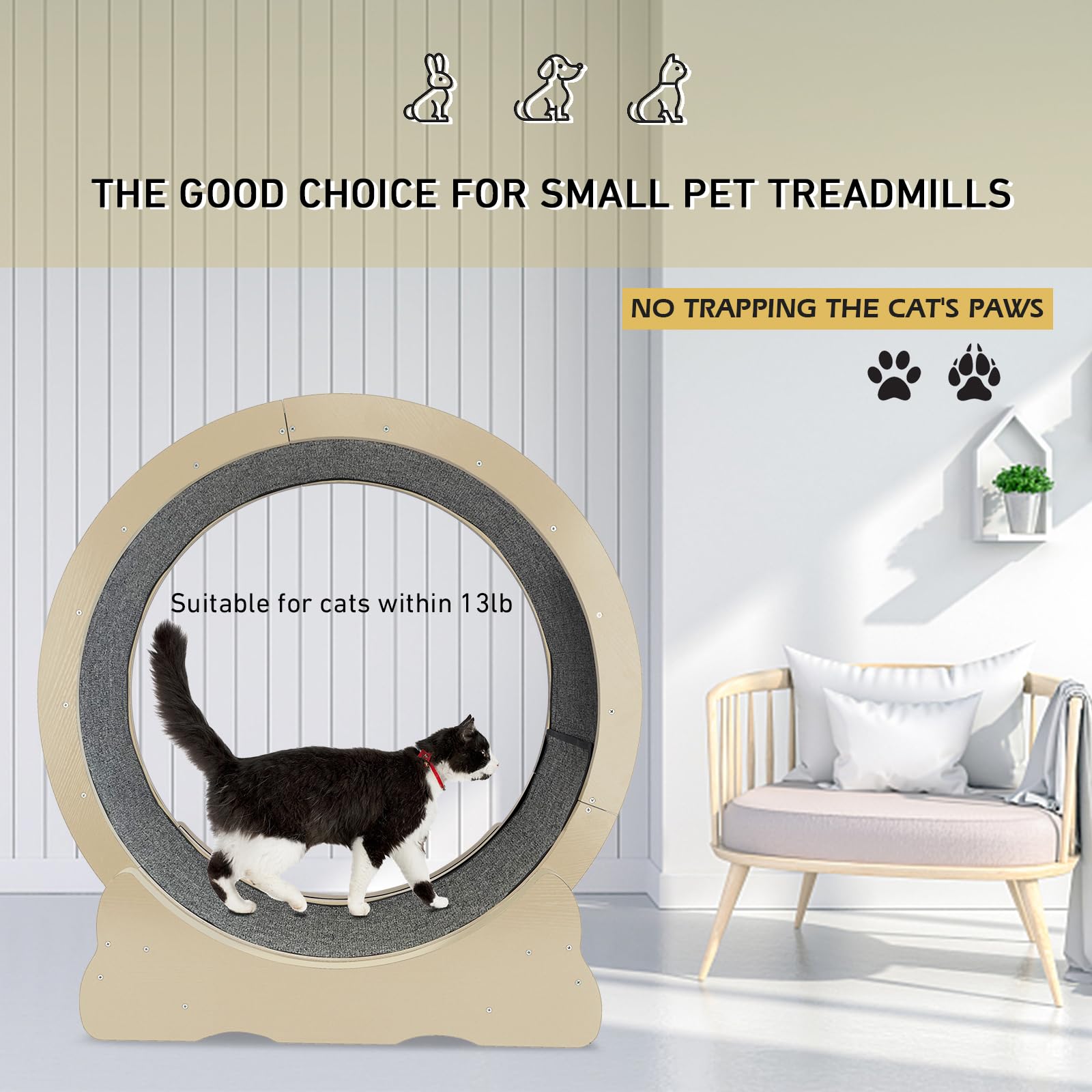 Silent Cat Exercise Wheel for Indoor Cats - TPE Roller, Wooden Cat Treadmill with Replaceable Pads for Weight Loss & Fitness - Perfect for Small Apartments & Active Feline Playtime