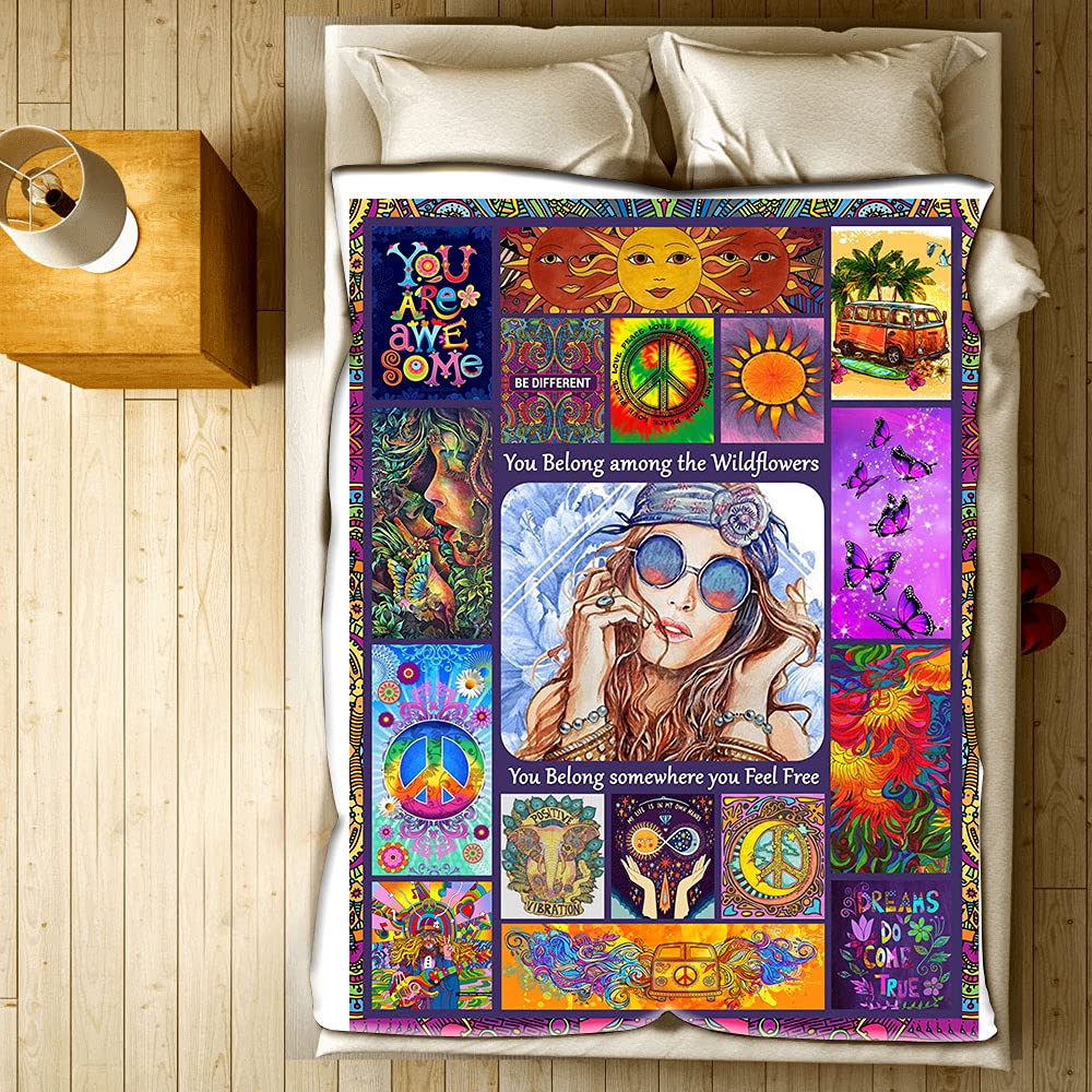 Personalized Hippie Fleece Throw Blanket 50x60 - Retro Bohemian Design Soft Warm Blanket for Women & Men - Perfect Birthday & Christmas Gift for Wanderlust Travelers, Yoga Lovers & Festival Goers - Cozy Home Decor for Bed, Couch & Outdoor Adventures
