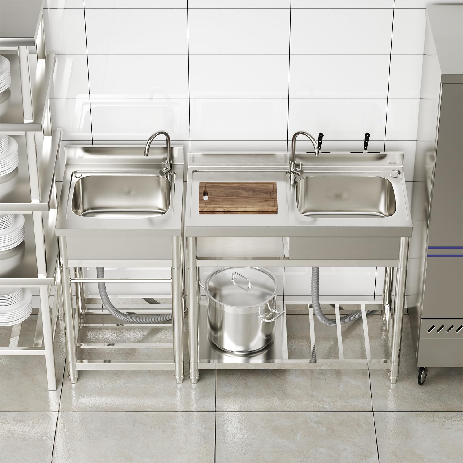 Commercial Stainless Steel Utility Sink with Workbench & Storage - Heavy Duty Single Bowl Restaurant Kitchen Sink for Indoor/Outdoor Use - Includes Hot & Cold Water Pipes - Ideal for Restaurants, Food Trucks, Laundry Rooms & Outdoor Cooking Stations