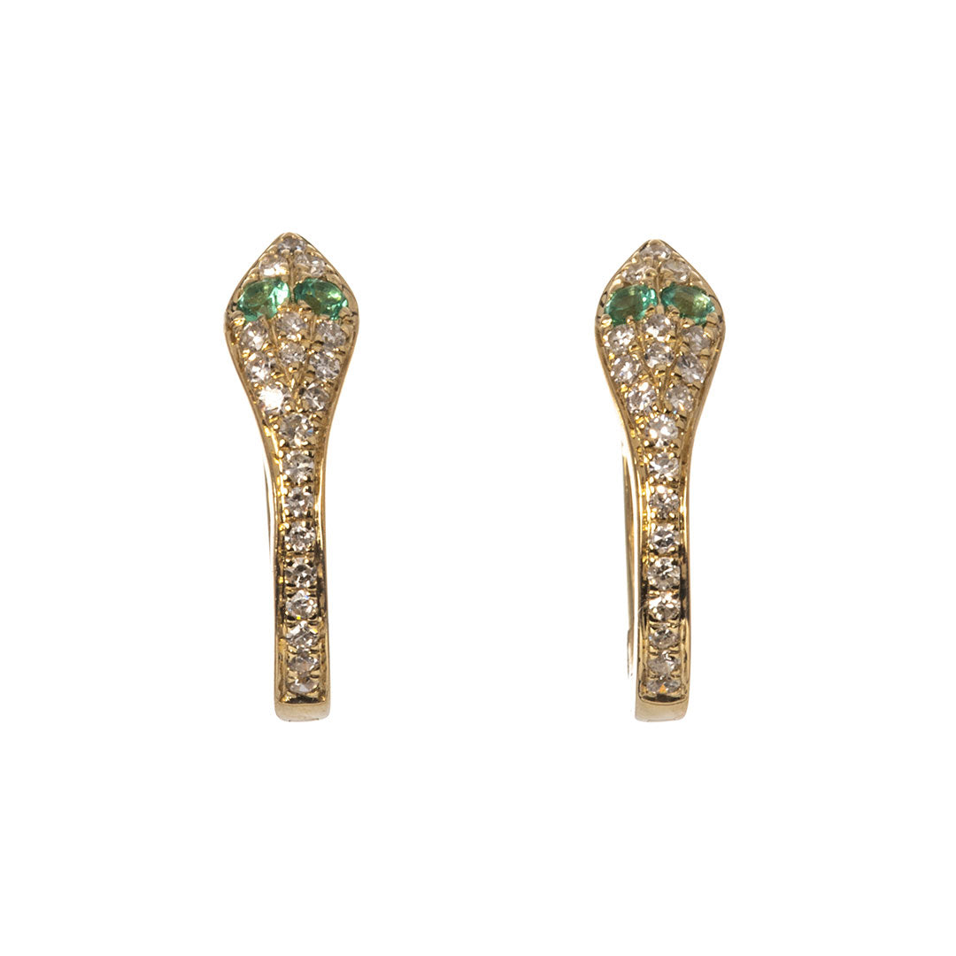 14K Gold Snake Huggie Earrings with Diamond & Emerald - Elegant Jewelry for Women, Perfect for Parties, Weddings & Everyday Wear