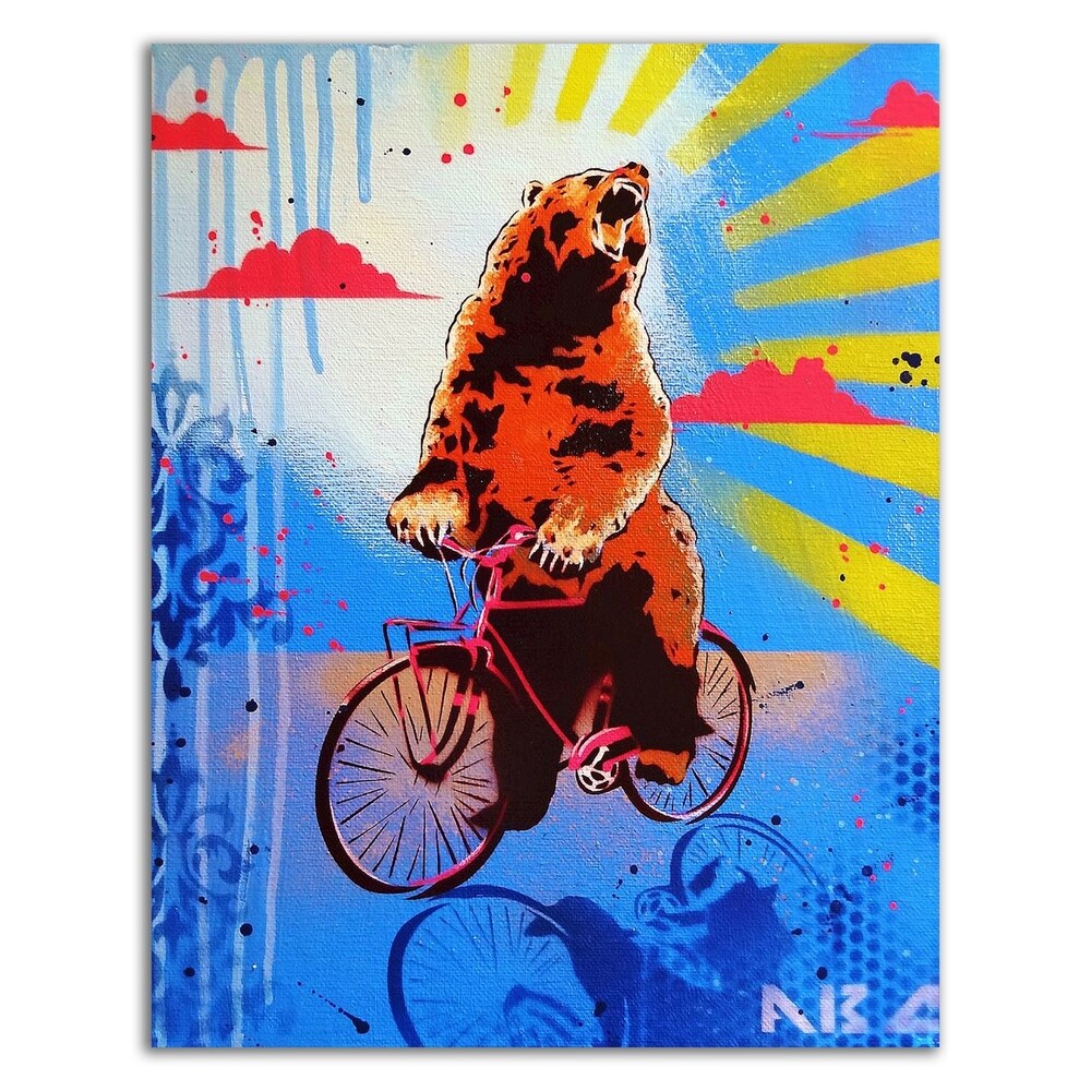 Bear Back Rider Canvas Wall Art by AbcArtAttack - Ready to Hang Wildlife Painting for Living Room, Bedroom & Office Decor