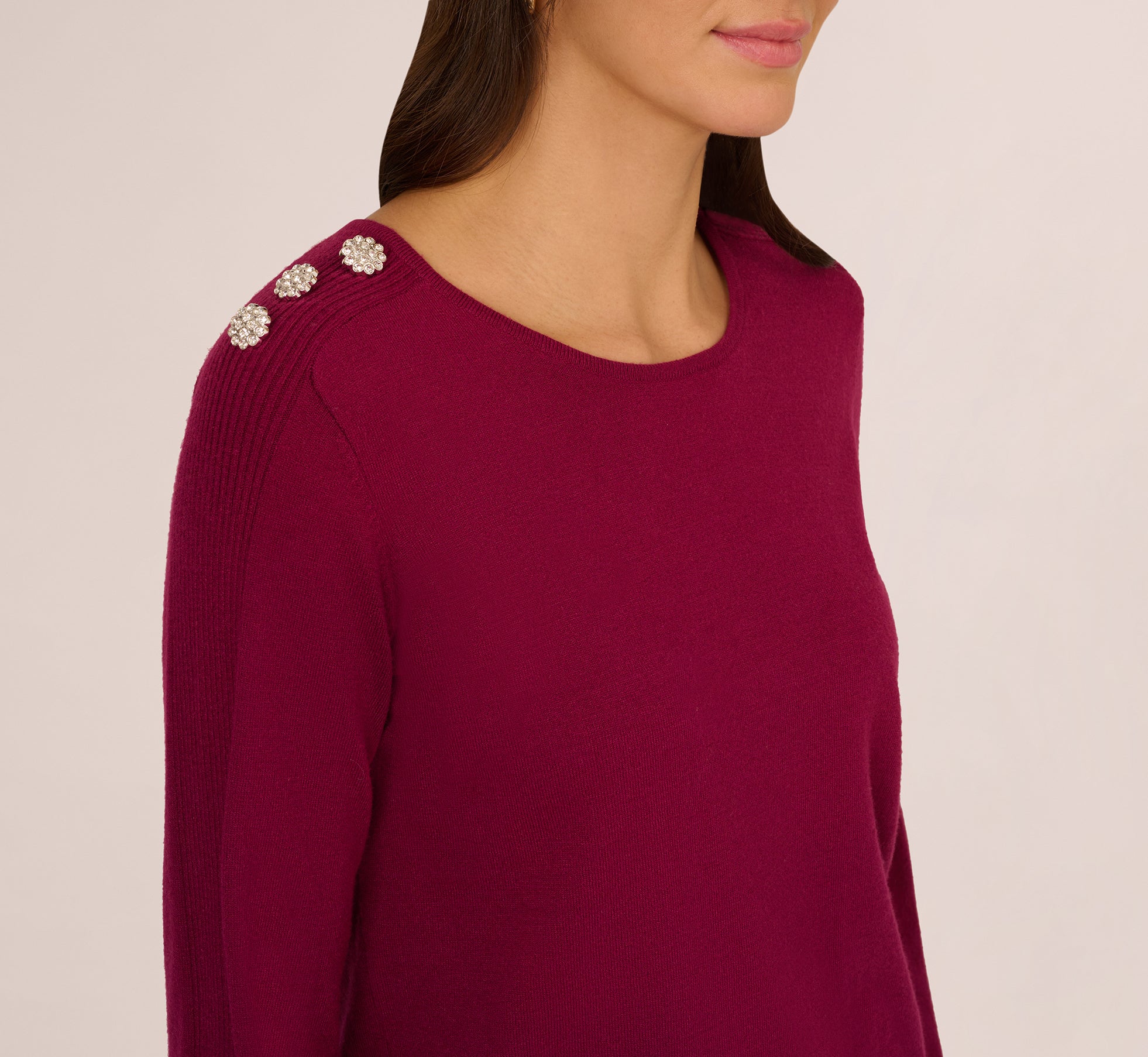 Wine Berry Ribbed Detail Embellished Pullover Sweater for Women - Cozy Winter Knitwear Perfect for Casual Outfits, Office Wear & Holiday Parties