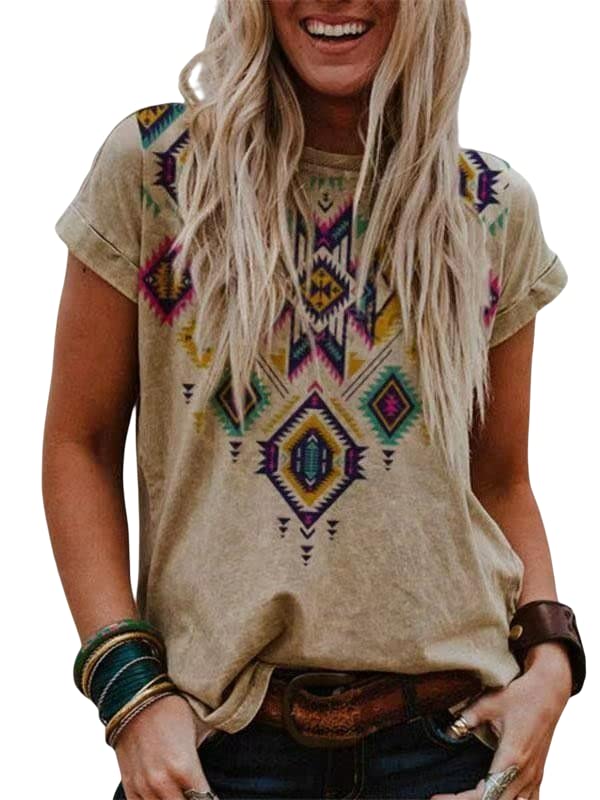Women's Western Ethnic Tribal Short Sleeve Blouse - Crew Neck Floral Feather Geometric Print Top for Casual Wear & Boho Style Outfits