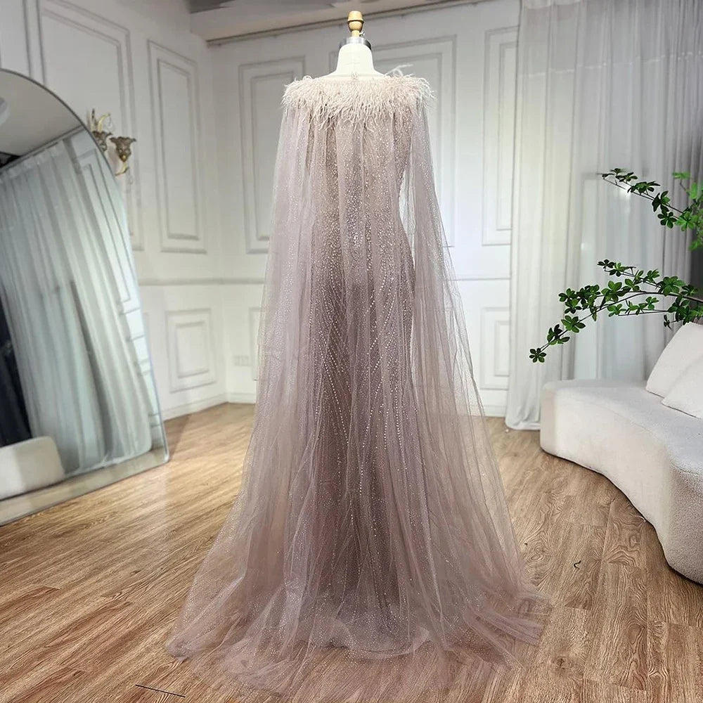 Serene Hill Pink Mermaid Evening Gown with Elegant Cape Sleeves - 2025 Luxury Feather & Beaded Prom Dress for Women - Perfect for Formal Parties, Galas & Special Occasions