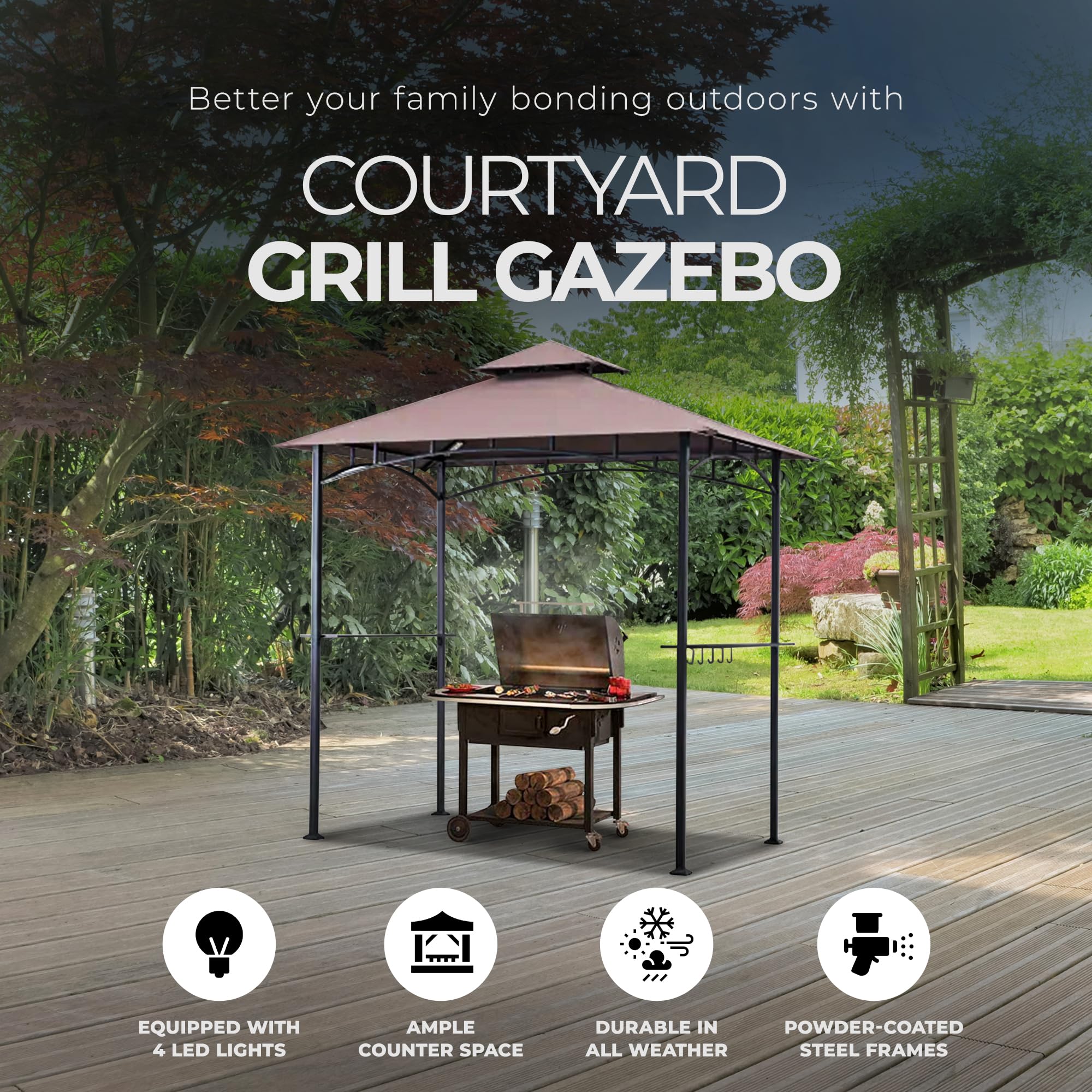 Outdoor BBQ Grill Gazebo with LED Lights & 2 Tempered Glass Shelves - Powder Coated Steel Frame for Backyard, Patio, Garden & Camping Use - Weather-Resistant Brown Canopy