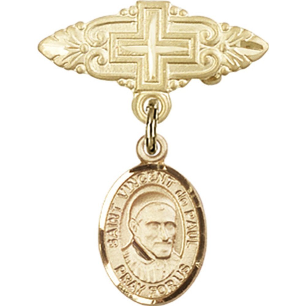 St. Vincent de Paul Gold Filled Baby Badge with Cross Charm - 1 X 3/4 Inch Religious Pin for Baptism, First Communion & Catholic Gifts