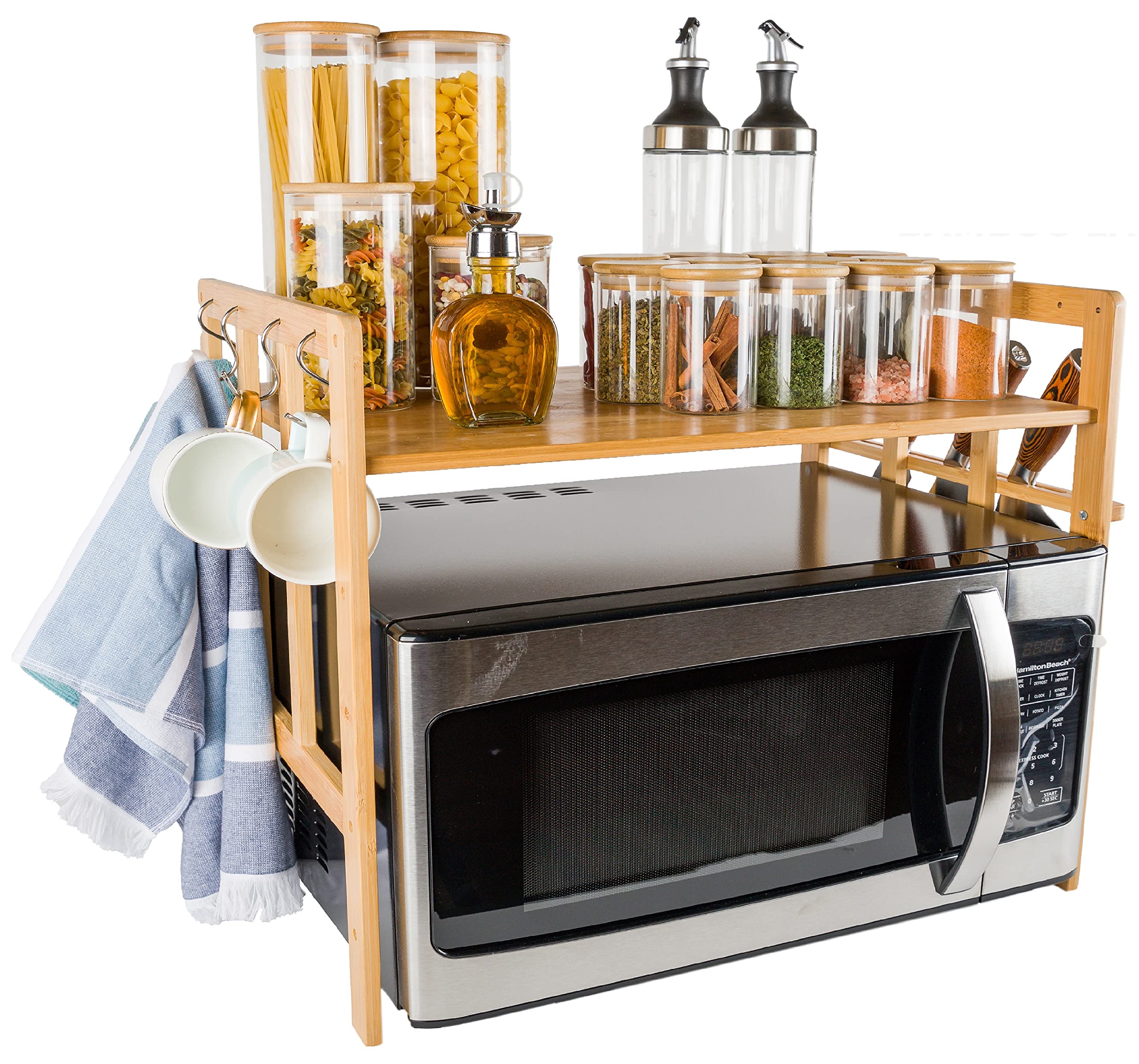 Bamboo Microwave Oven Rack with Hooks & Built-In Knife Holder - Space Saving Microwave Shelf Stand for Countertop Organization - Perfect for Small Kitchens & Apartment Living