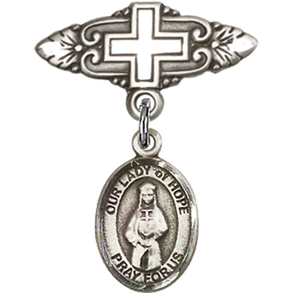 Sterling Silver Baby Badge with Our Lady of Hope Charm - Religious Cross Pin for Christening & Baptism Gifts (1