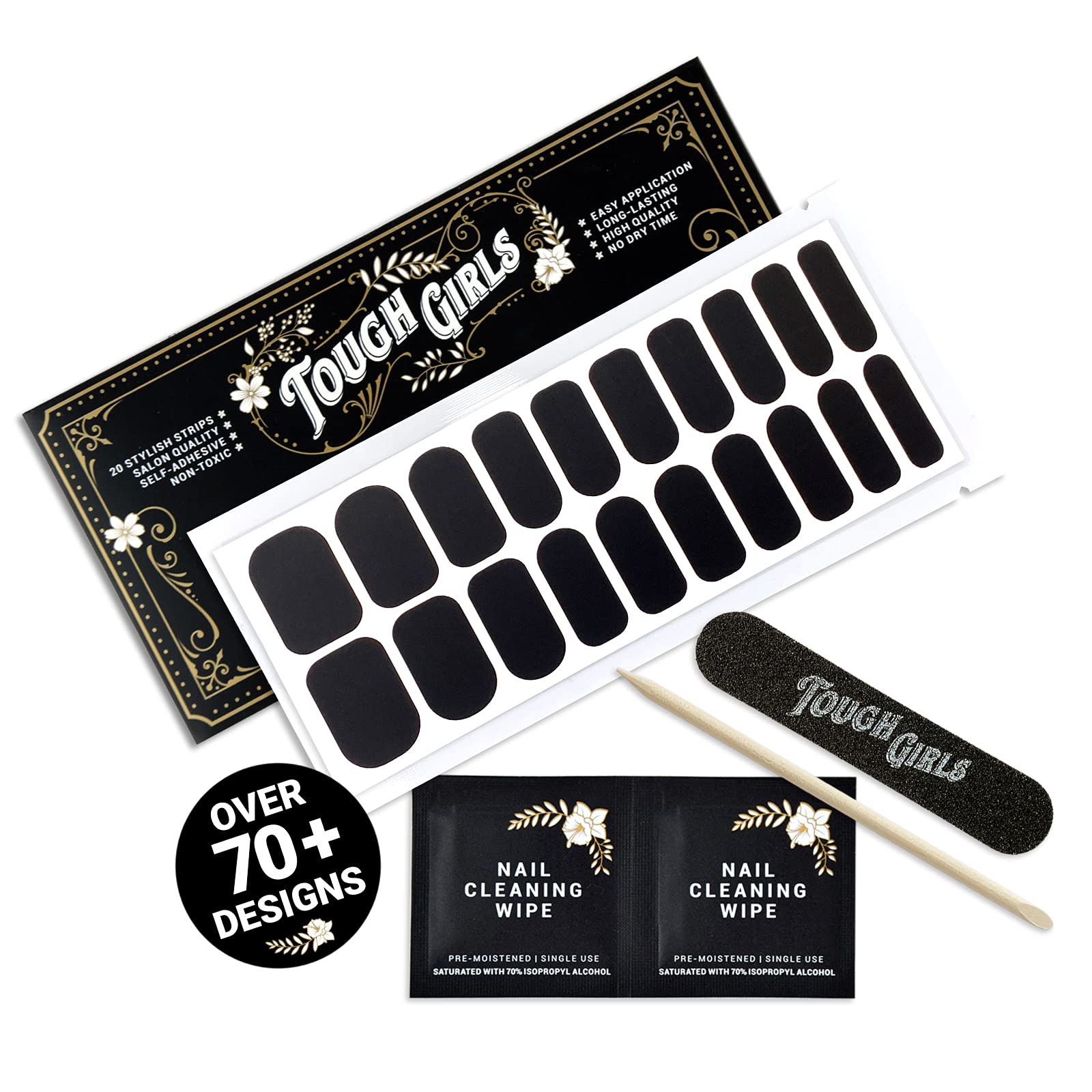 TOUGH GIRLS 20 Exquisite Gel Nail Polish Strips Kit with Application Tools - No UV/LED Lamp Needed, Black Matte Finish - Perfect for Home Manicures, Parties & Special Occasions