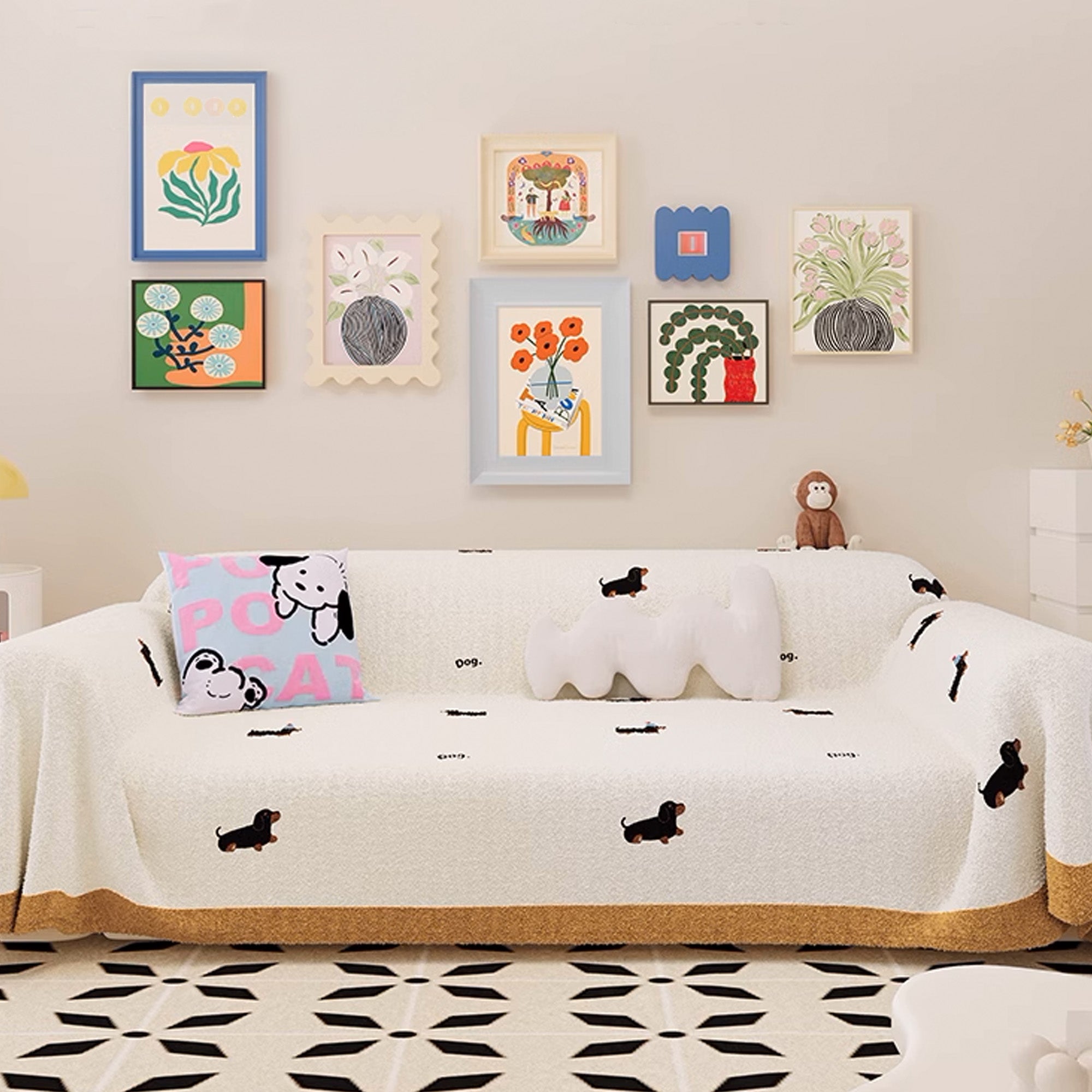 Soft & Cozy Dog Pattern Plush Fabric Sofa Cover - Pet-Friendly Furniture Protector for Dog Lovers | Perfect for Living Room, Bedroom & Pet-Friendly Spaces