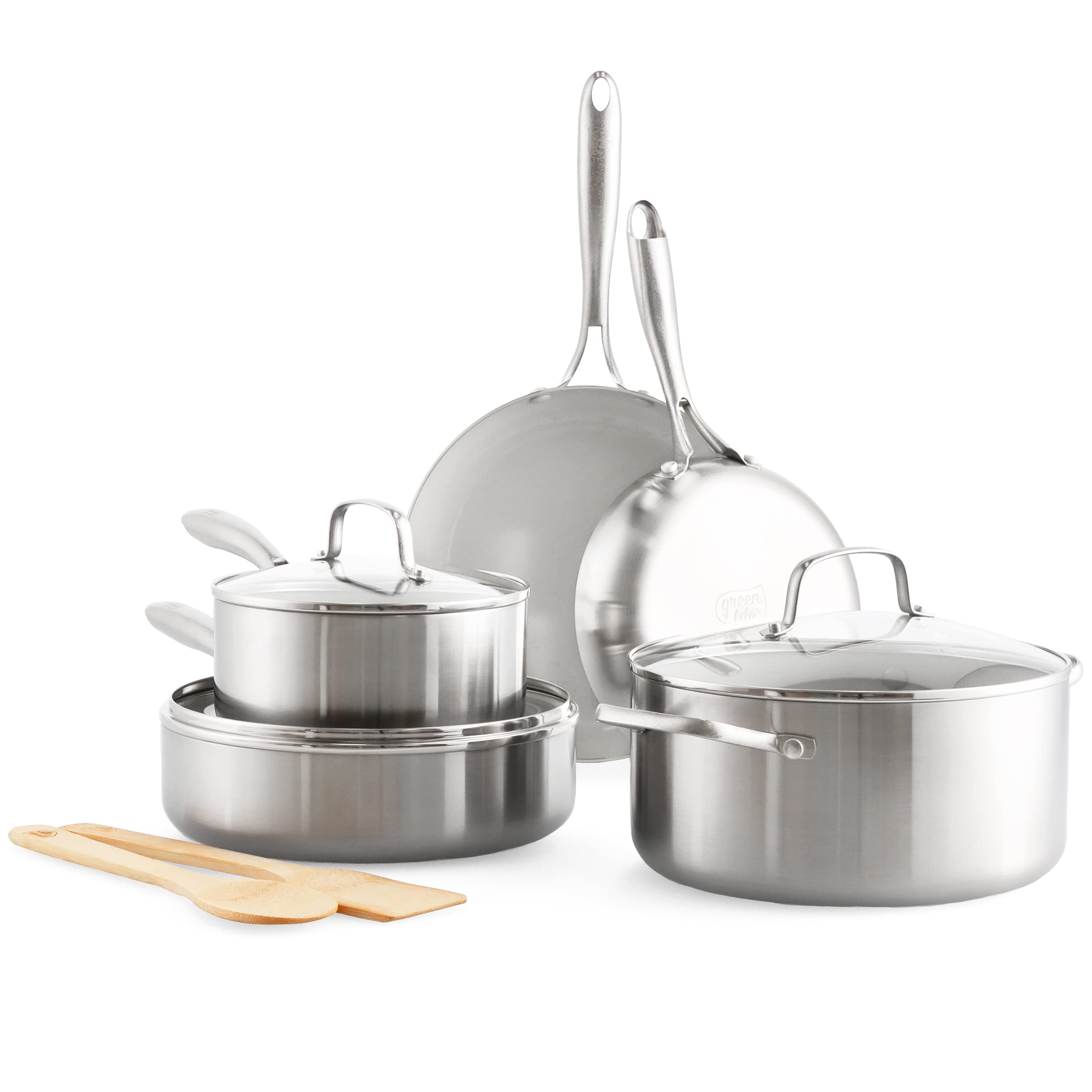 GreenLife Tri-Ply Stainless Steel Healthy Ceramic Nonstick Cookware Set - 10 Piece Pots and Pans, PFAS-Free, Multi-Clad, Induction Compatible, Dishwasher & Oven Safe (Silver) - Perfect for Healthy Cooking, Frying, Baking & Meal Prep in Modern Kitchens