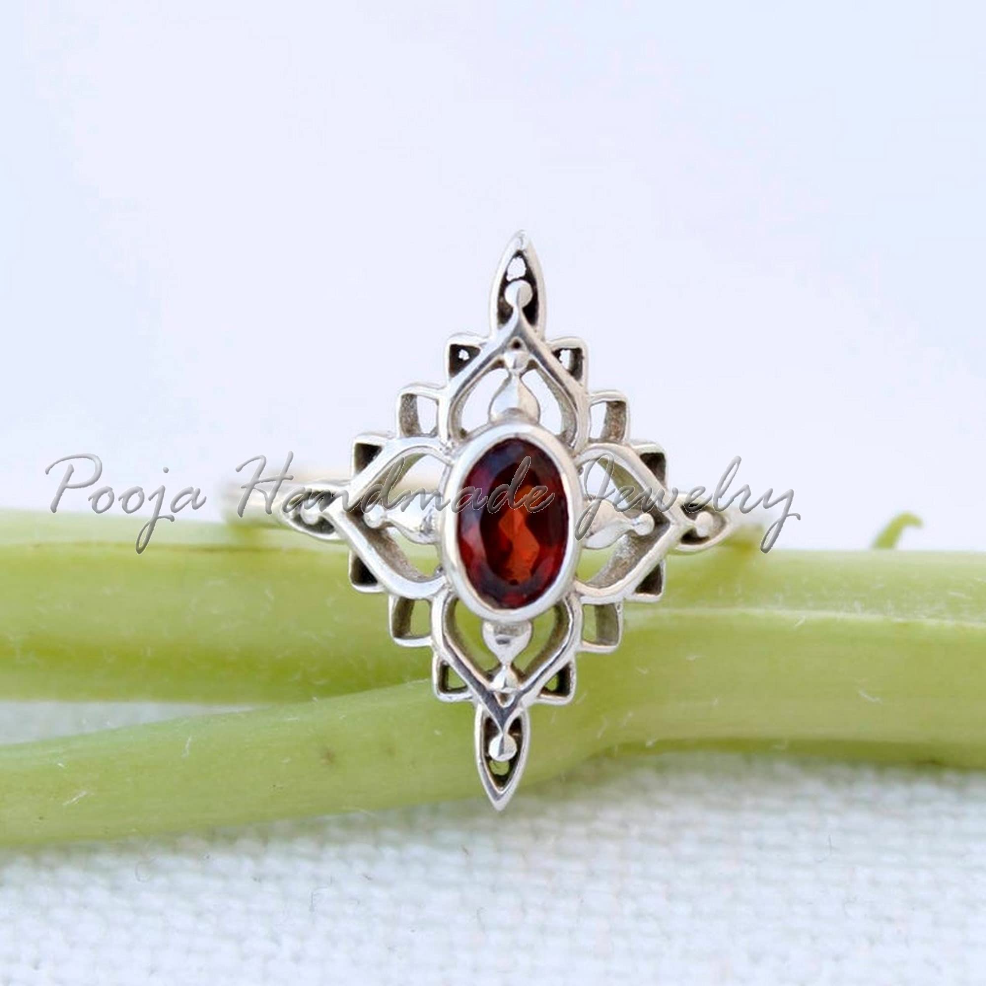 Gorgeous Handmade Sterling Silver Garnet Ring – January Birthstone, Boho Jewelry for Women, Dainty Flower Design, Perfect for Everyday Wear & Engagement
