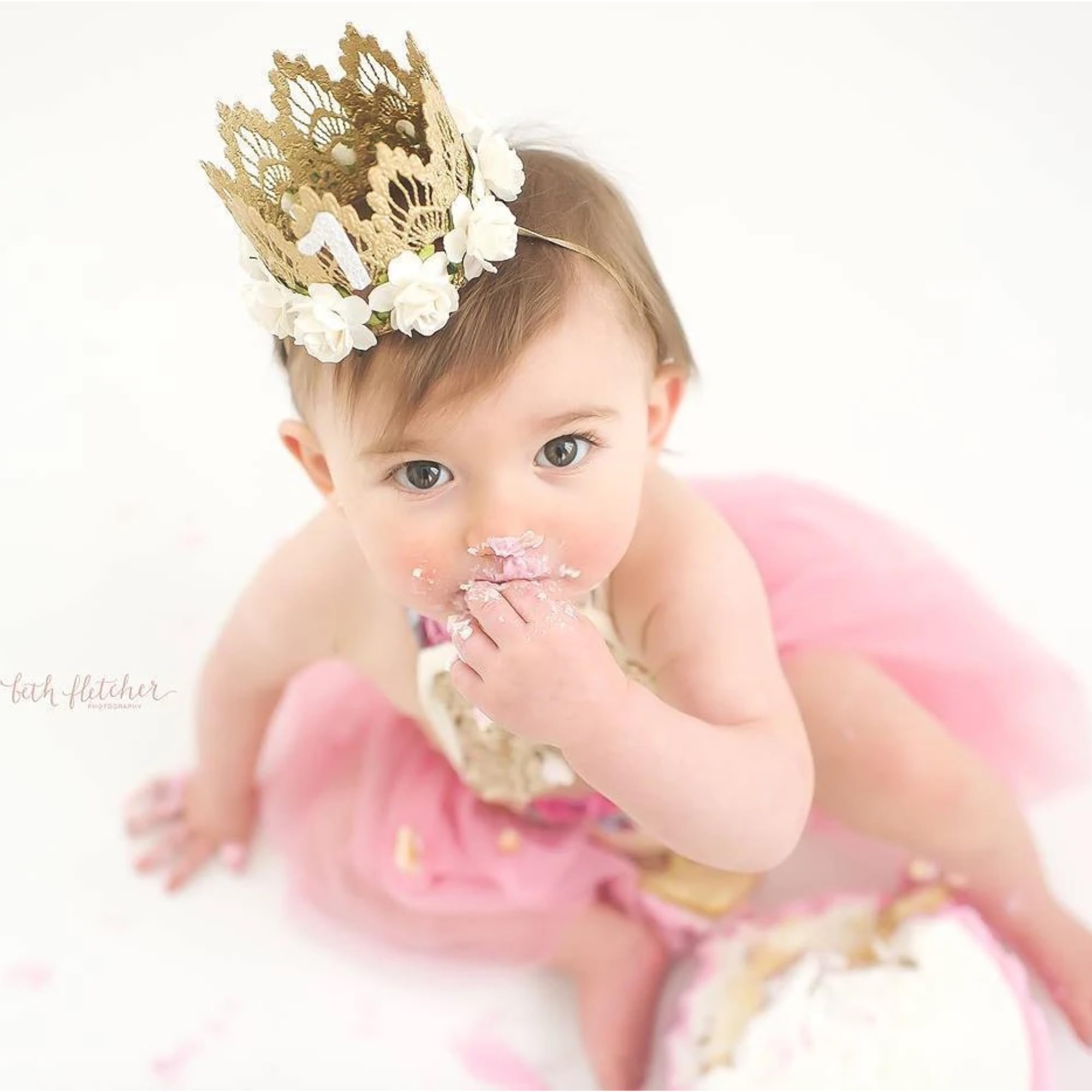 LOVECRUSH 1st Birthday Gold Lace Crown with White Roses - Number One Birthday Tiara for Baby Girls & Toddlers | Perfect for 1st Birthday Parties, Photo Shoots & Special Occasions