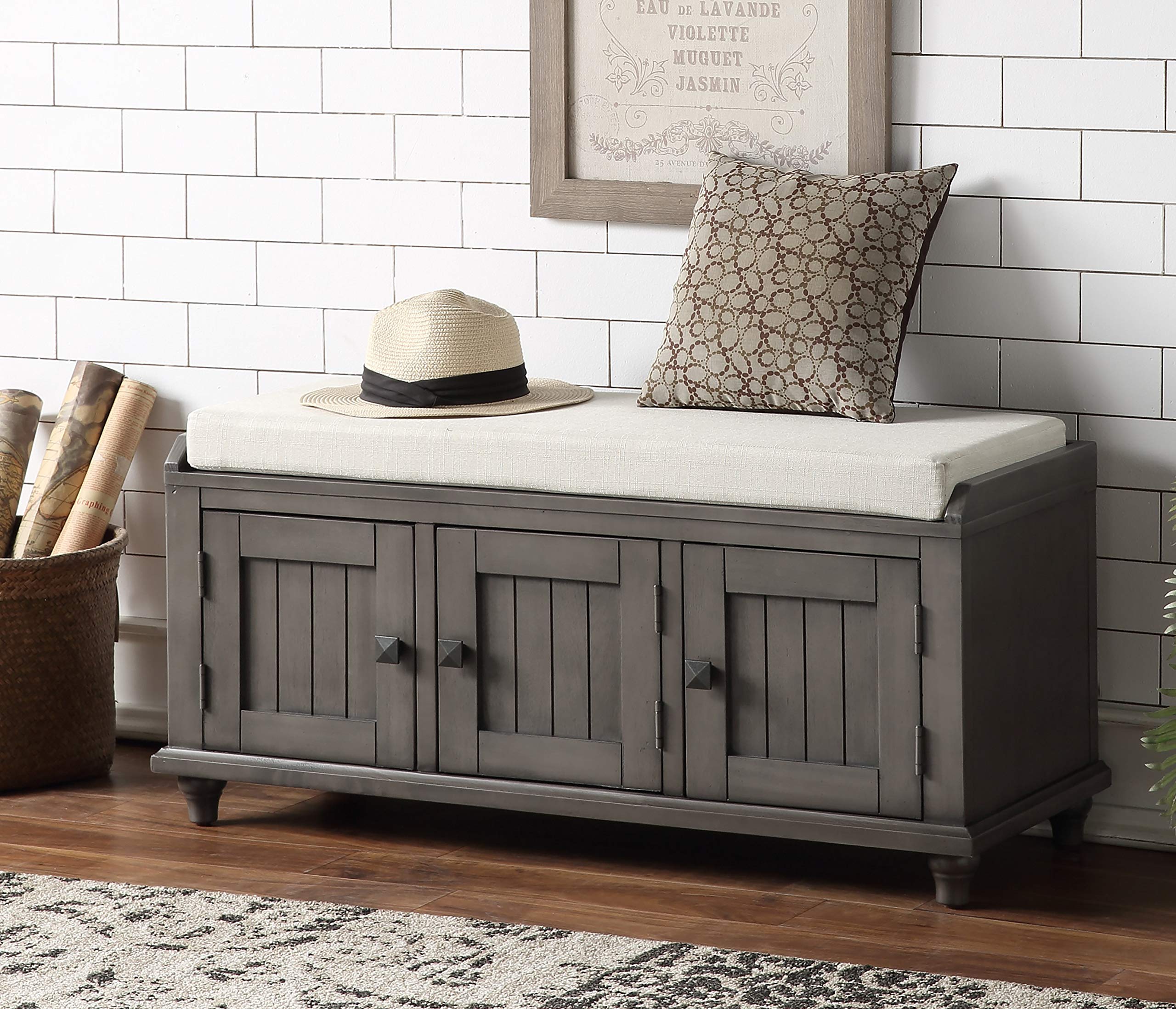 Lazyspace Wooden Storage Bench with 2 Handle Cabinets & Seat Cushion - Shoe Organizer, Entryway Bench, Hallway Furniture for Living Room, Bedroom, Entry - Gray (Perfect for Small Spaces & Home Organization)