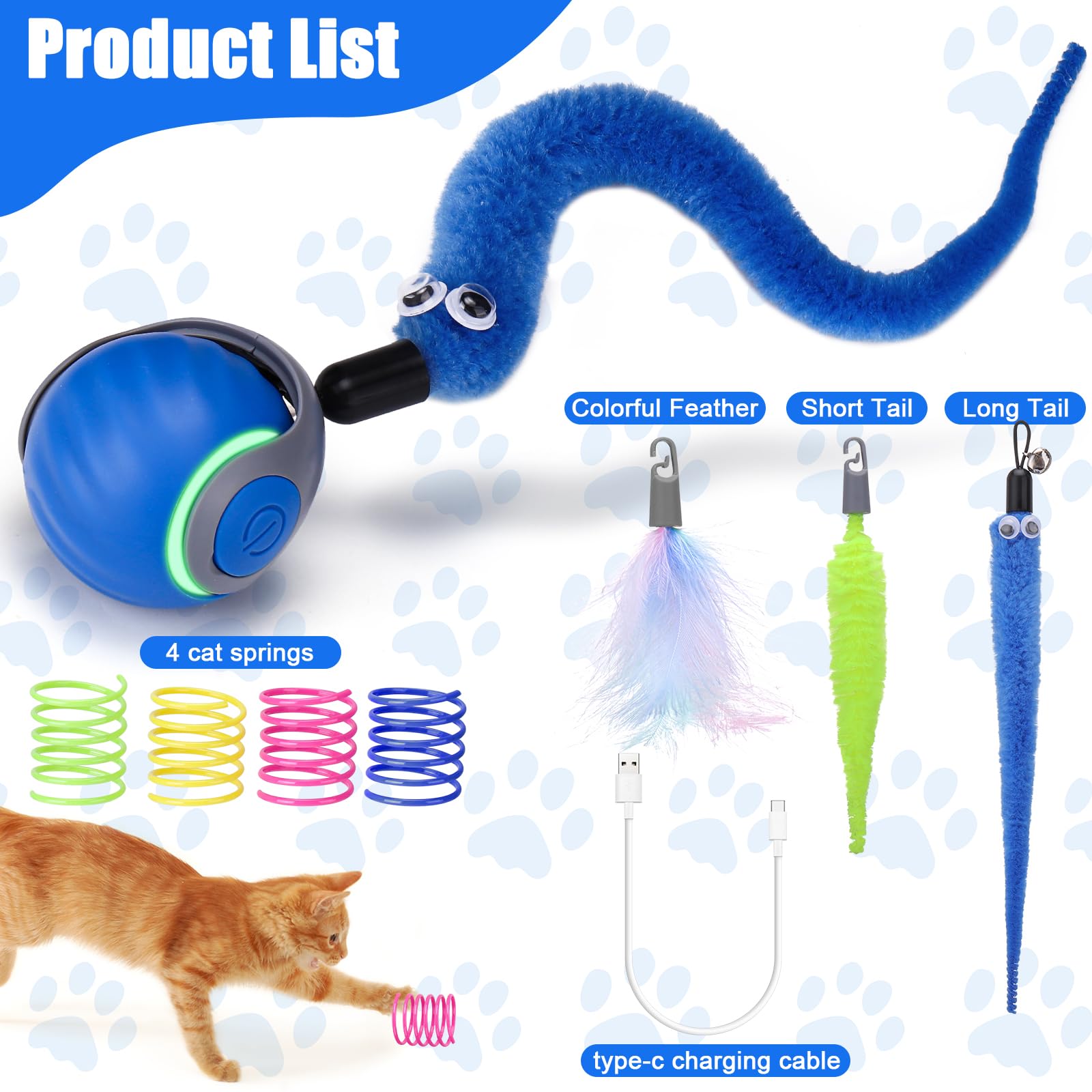 AIERSA Automatic Cat Toy - Interactive Self Play with 3 Tails for Indoor Cats (Blue) - Perfect for Bored Adult Cats
